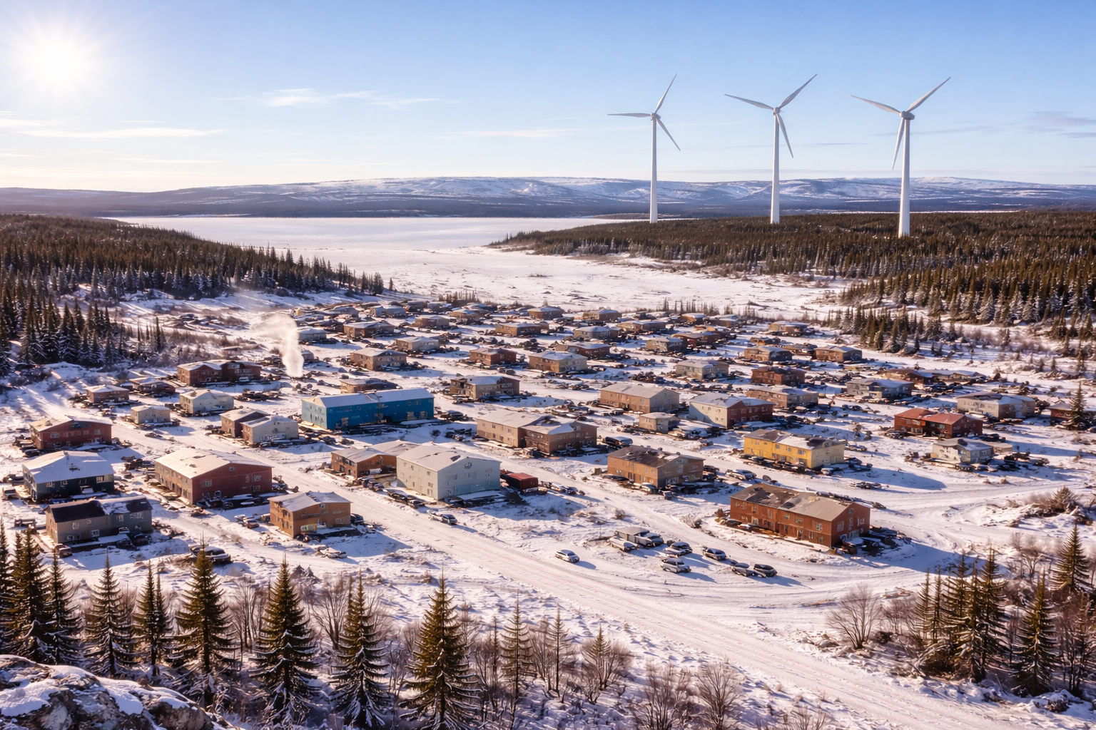 Community-scale horizontal-axis wind turbine installed in a northern environment.