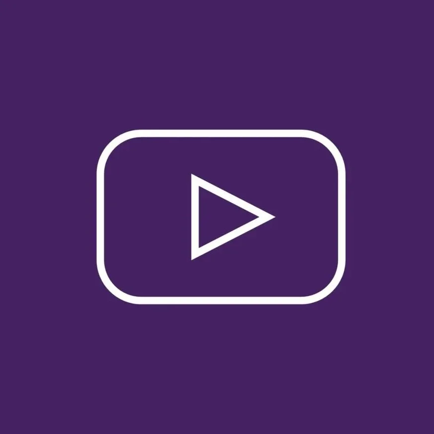YouTube play button icon with purple background and white outline.