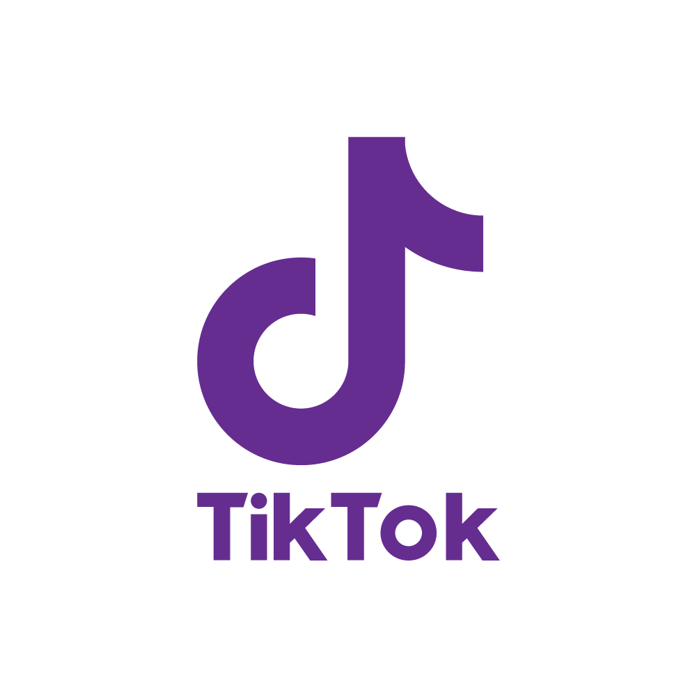 TikTok logo in purple with the word 'TikTok' underneath.