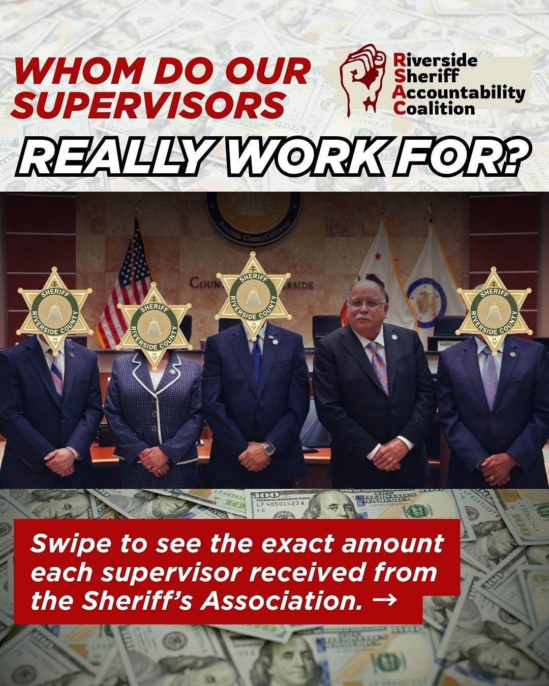 Who&rsquo;s really surprised? 4/5 sitting Supervisors have received nearly $400,000 from the Riverside Sheriffs Association. It&rsquo;s no coincidence this is why they continuously ignore the voices of 10,000+ constituents calling for sheriff account