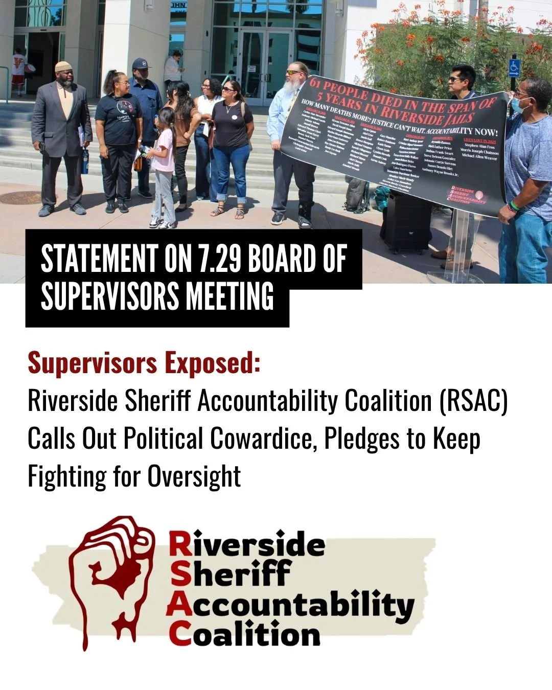 Read our statement on Tuesday's disappointing Board of Supervisors meeting above. We're beyond disappointed by the supervisors who chose not to advance sheriff oversight measures - AND placed severe limitations on our community members's speech. 

Ou