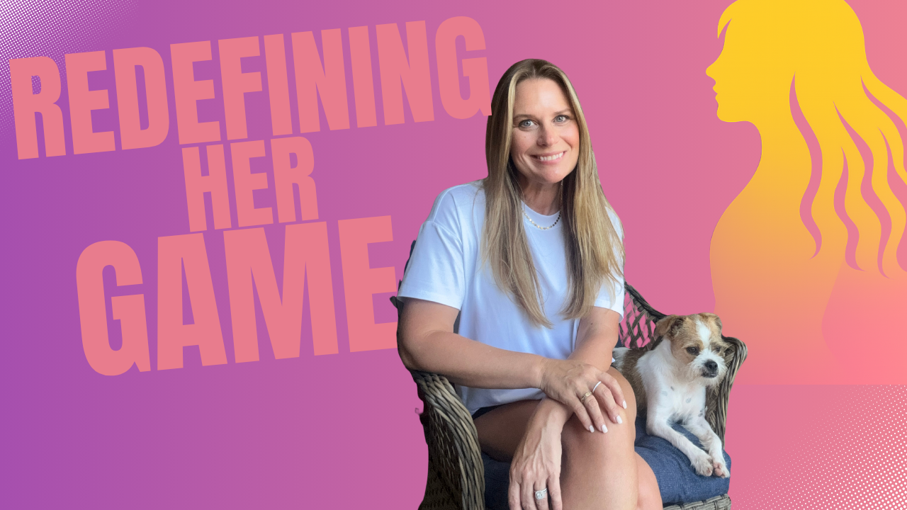 A woman with long blonde hair smiling, sitting on a wicker chair with a small dog on her lap, against a colorful background featuring the text 'Redefining Her Game' and an illustration of a woman with flowing hair.
