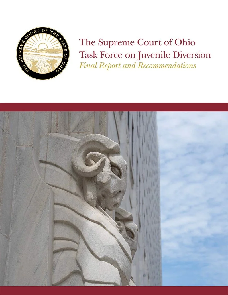Cover page of a report titled 'The Supreme Court of Ohio Task Force on Juvenile Diversion' with a photograph of a stone sculpture of a lion on the building's exterior wall, and a partly cloudy sky in the background.