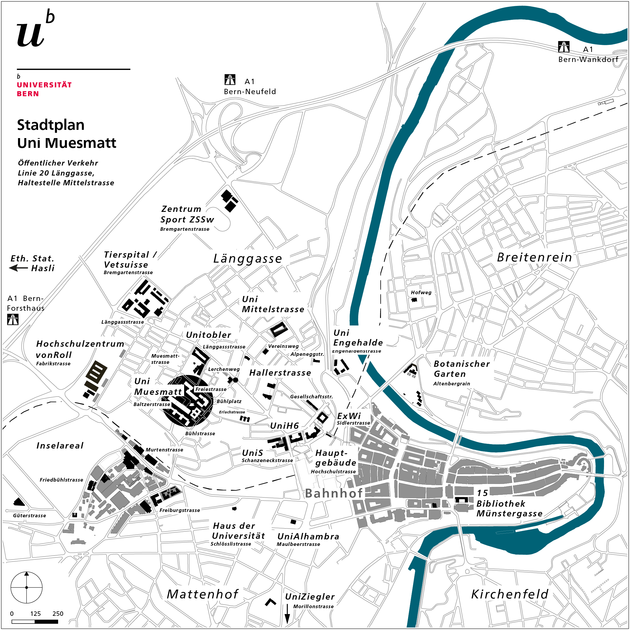 Stadtplan der Universität Bern mit wichtigen Gebäuden, Straßen und den Fluss Aare. Das Symbol für die Universität ist in der Mitte, und die wichtigsten Plätze und Einrichtungen sind markiert.