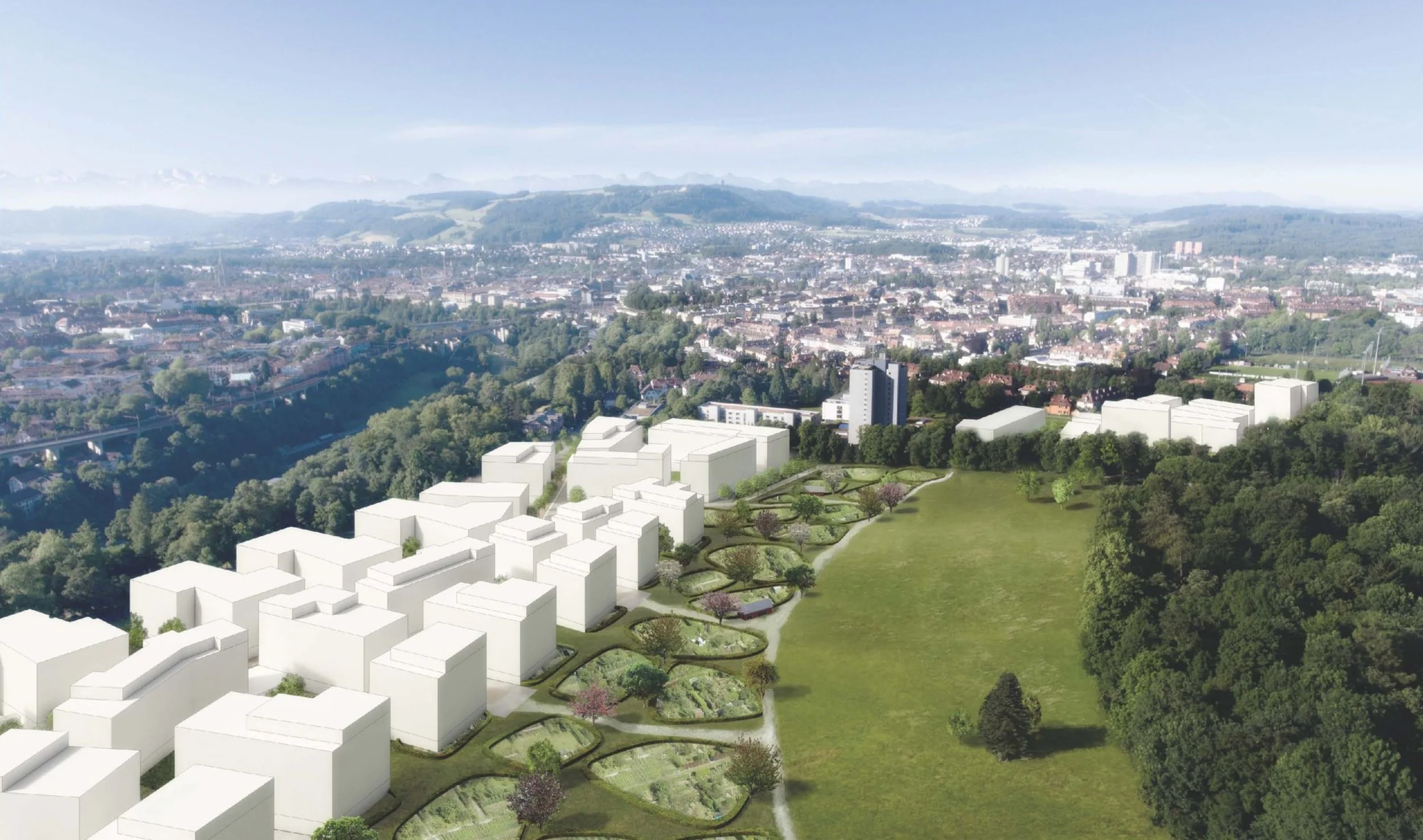 Künstlerische Darstellung eines geplanten Wohnprojekts mit weißen Gebäuden, Gartenflächen und Bäumen in einem hügeligen, grünen Gebiet mit Stadtblick im Hintergrund.