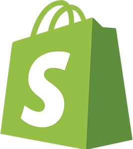 Green shopping bag with white Shopify logo on it.