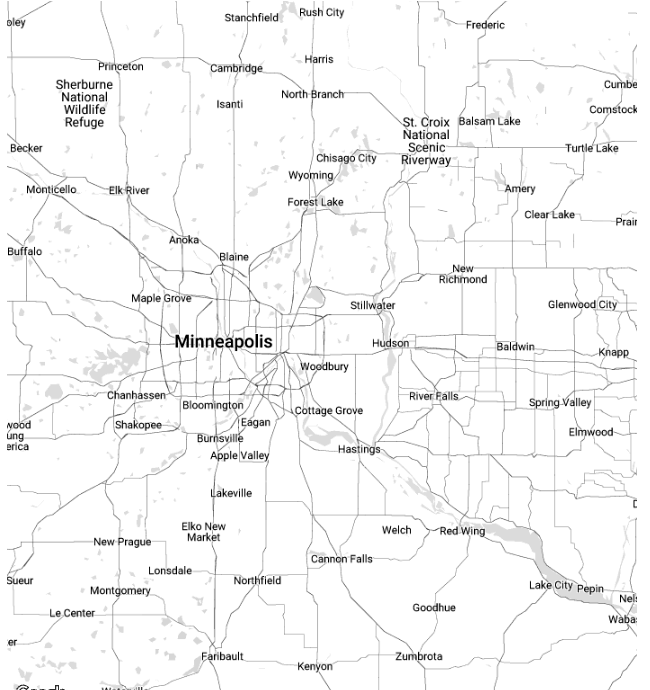 A black and white map of the Twins Cities area and Western Wisconsin.