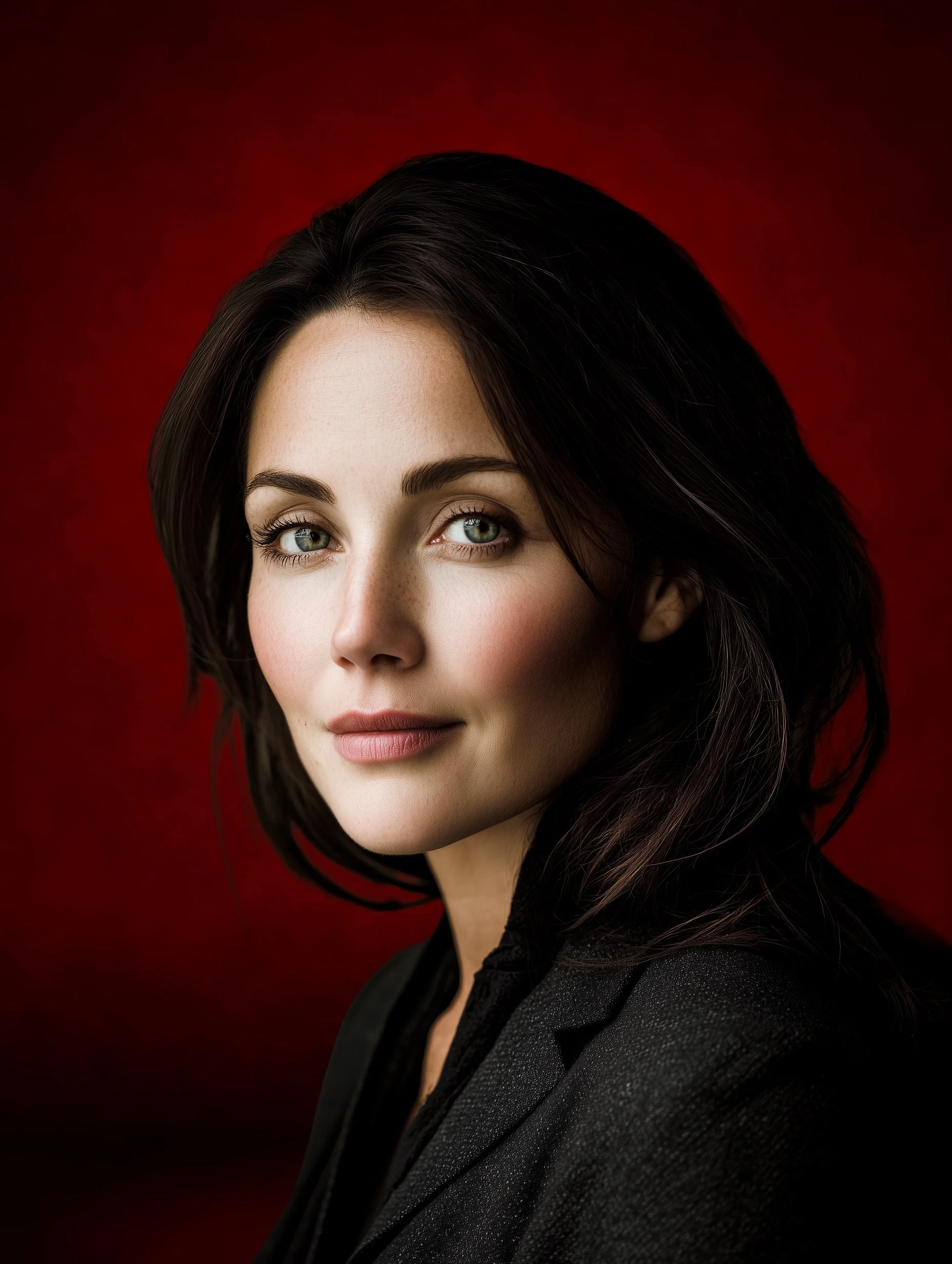 Portrait of a woman with dark hair, light skin, and green eyes against a red background.