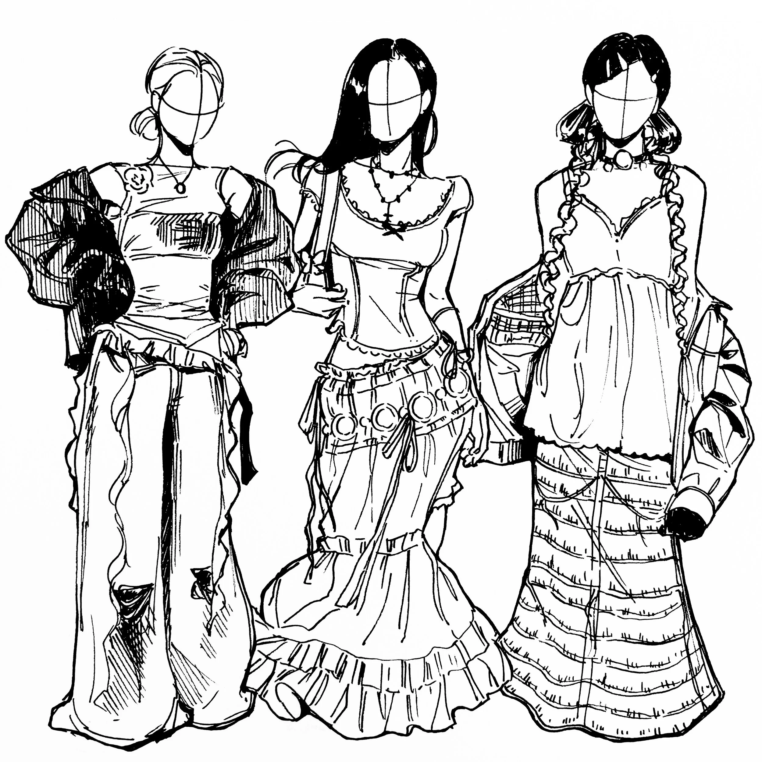 Line drawing of three women in fashionable clothing standing side by side with faceless portraits.