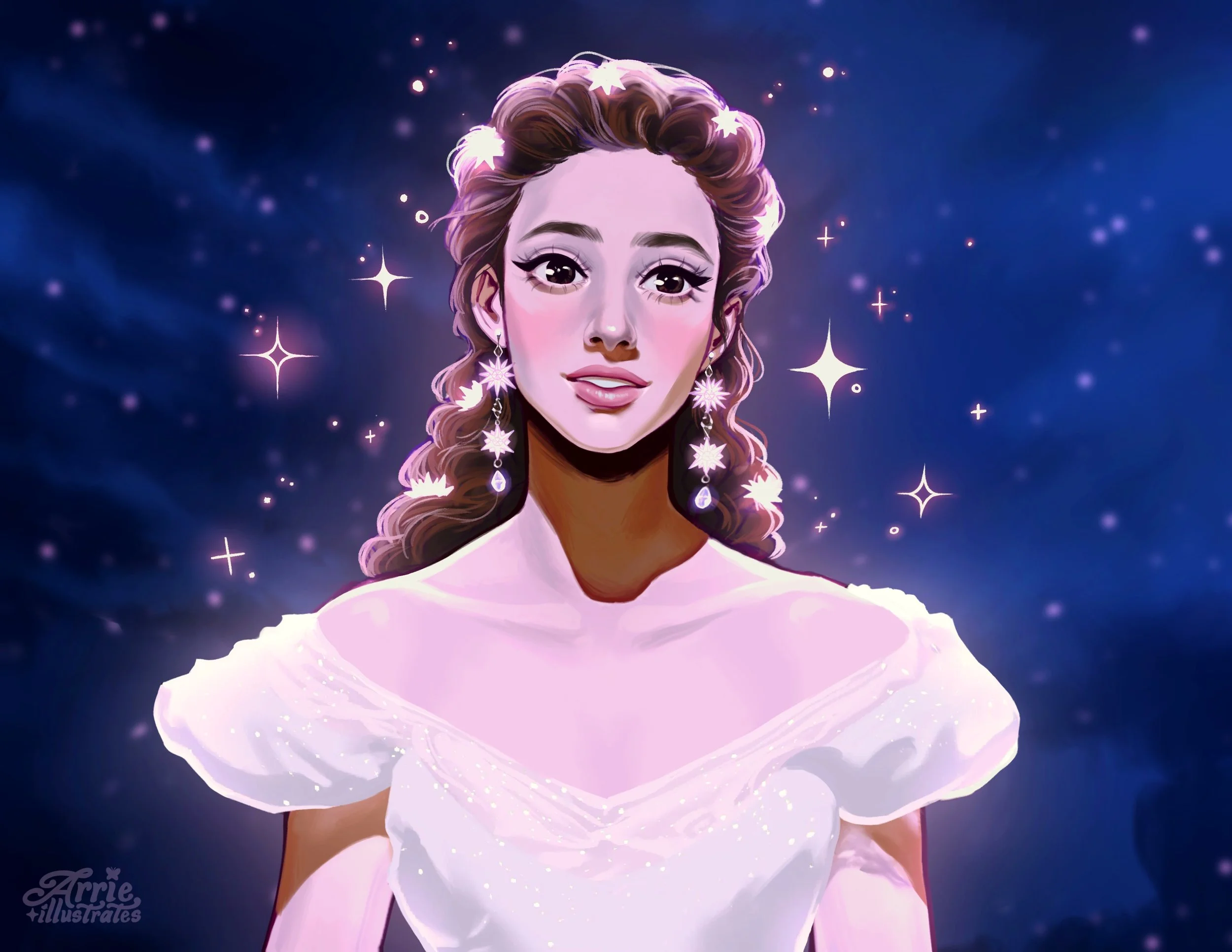 A digital illustration of a woman with wavy brown hair, large sparkling eyes, and a pink dress, surrounded by glowing stars and sparkles against a starry night sky.