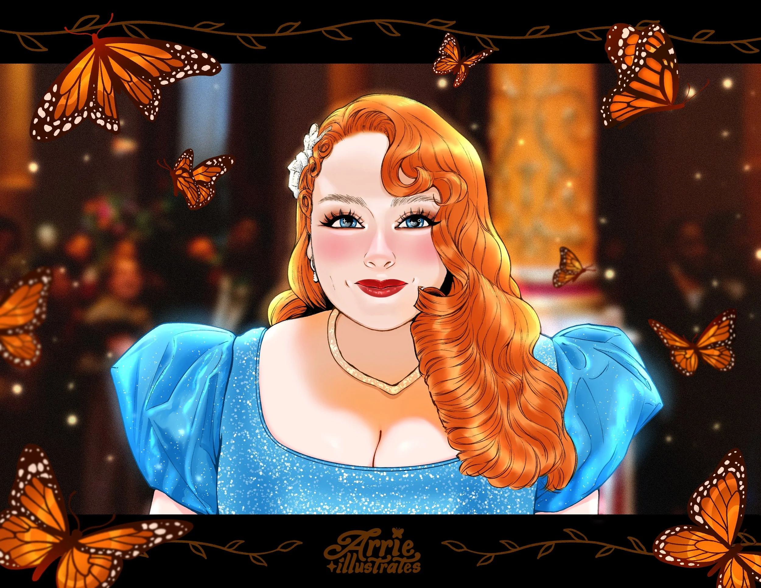 Digital illustration of a woman with long red hair, wearing a blue dress and jewelry, surrounded by orange butterflies, with a blurred background.