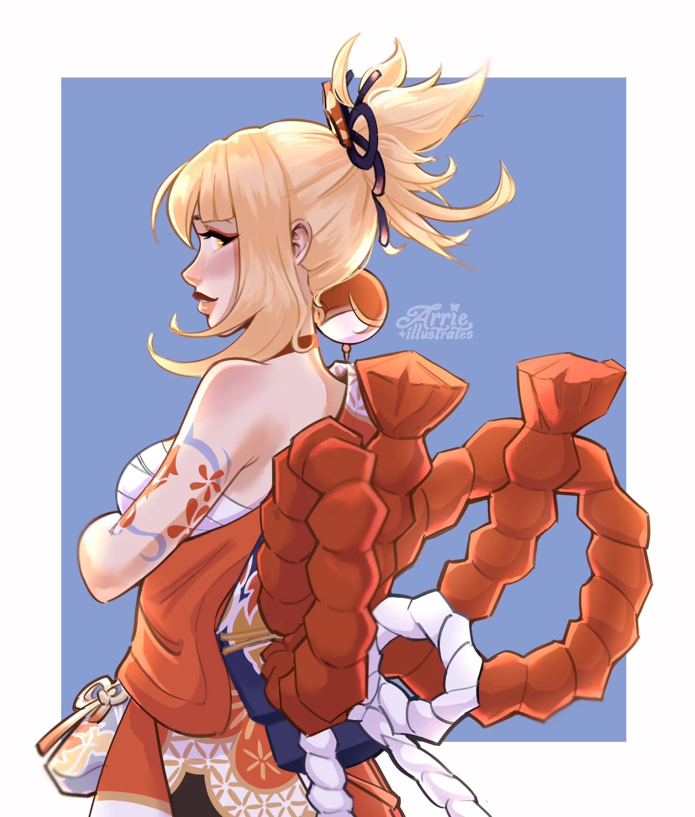 Anime-style illustration of a blonde woman with a large red scorpion tail and claws, wearing traditional Japanese clothing, with a blue background.