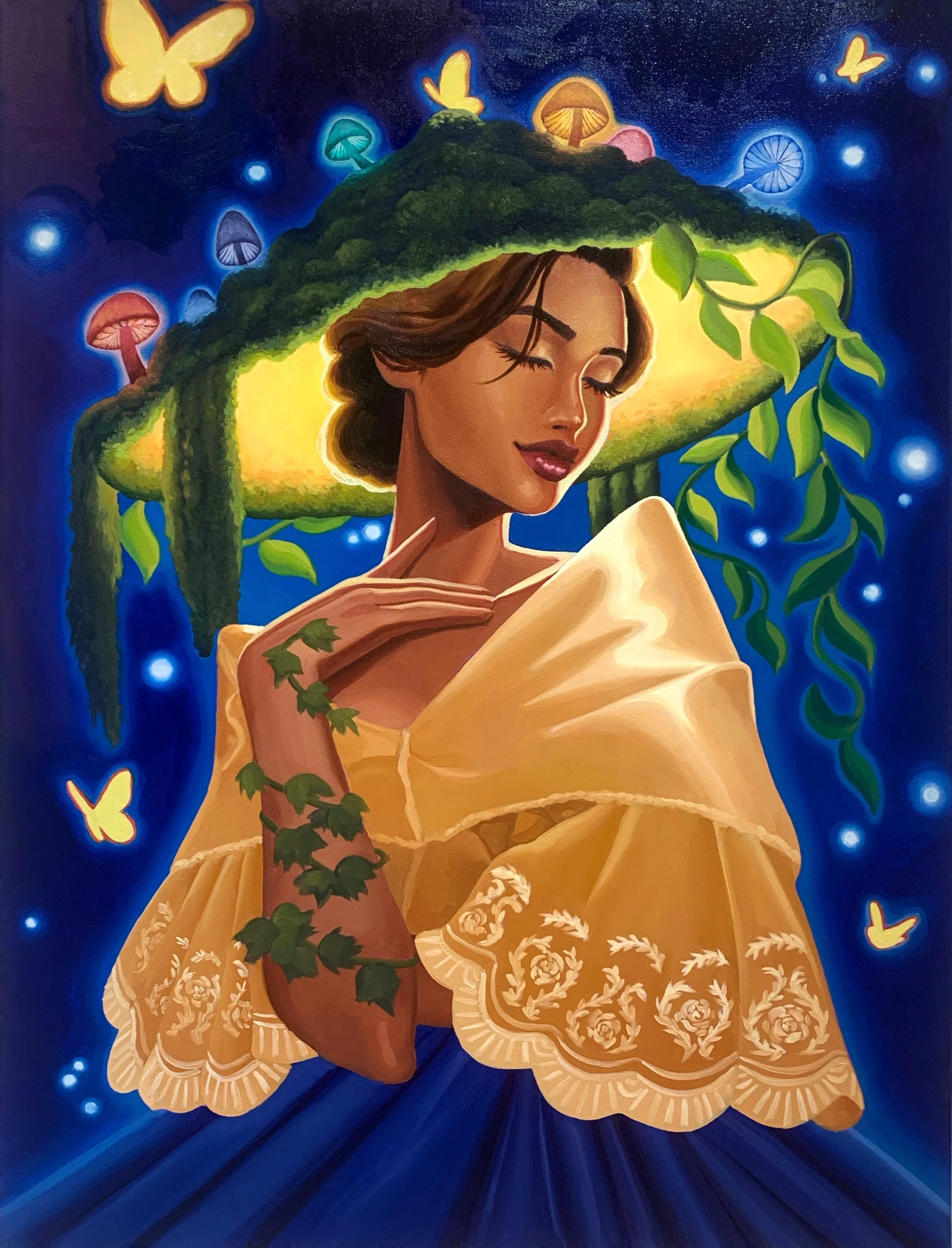 A woman with closed eyes wearing a yellow dress with embroidered floral details. Her head is topped with a large, glowing mushroom cap covered in moss and small, colorful mushrooms. Bright butterflies fly around a dark blue background.