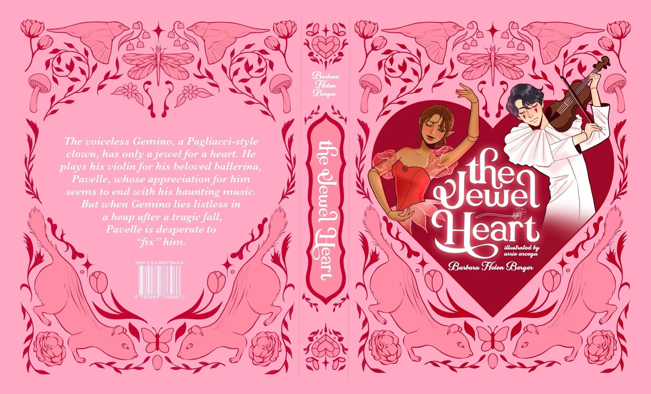 Book cover of 'The Jewel Heart' by Barbara Helen Berger, illustrated by Arrie Arcego. The cover features a pink background with decorative red and pink floral and animal motifs, and illustrations of a woman in a red dress and a man playing a violin, 