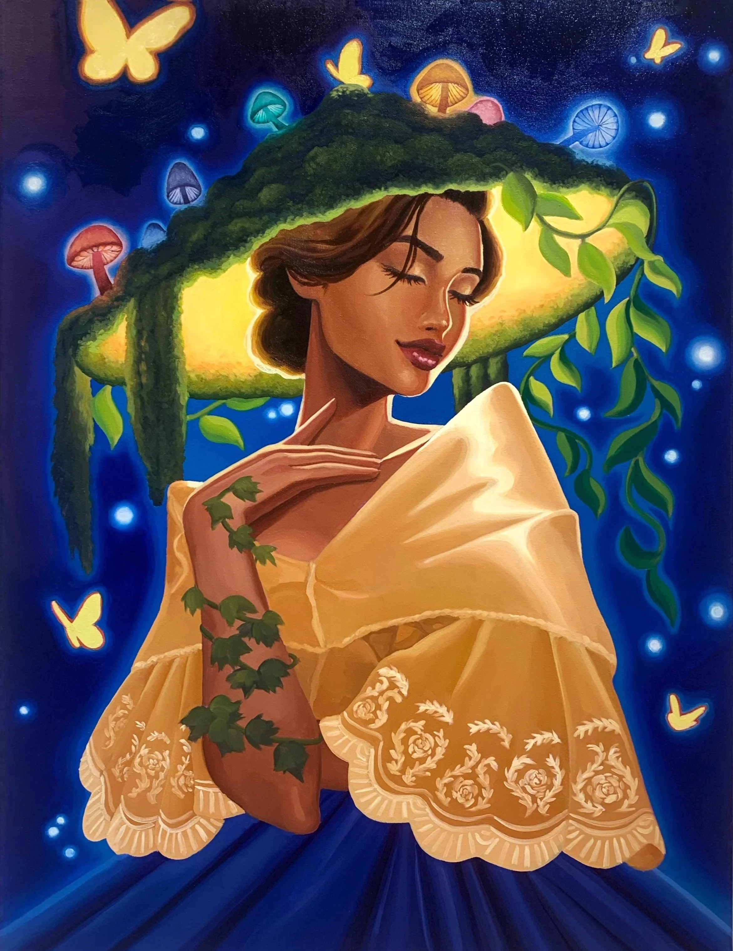 A woman with brown hair, closed eyes, and a content smile is depicted. She wears a yellow embroidered shawl, and her left arm, decorated with green ivy, is raised near her face. She is set against a dark blue background with glowing blue lights and y