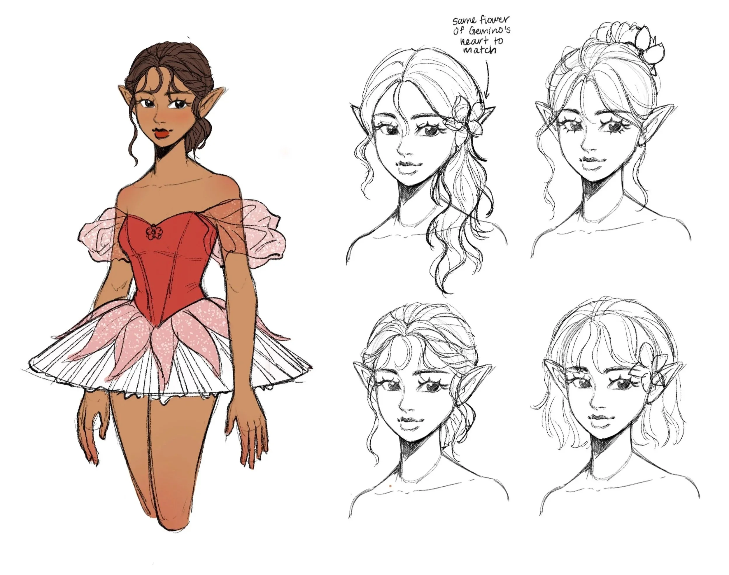 Color illustration of a fantasy female elf character in a pink and red fairy costume, with sketches showing various facial expressions and hair styles.