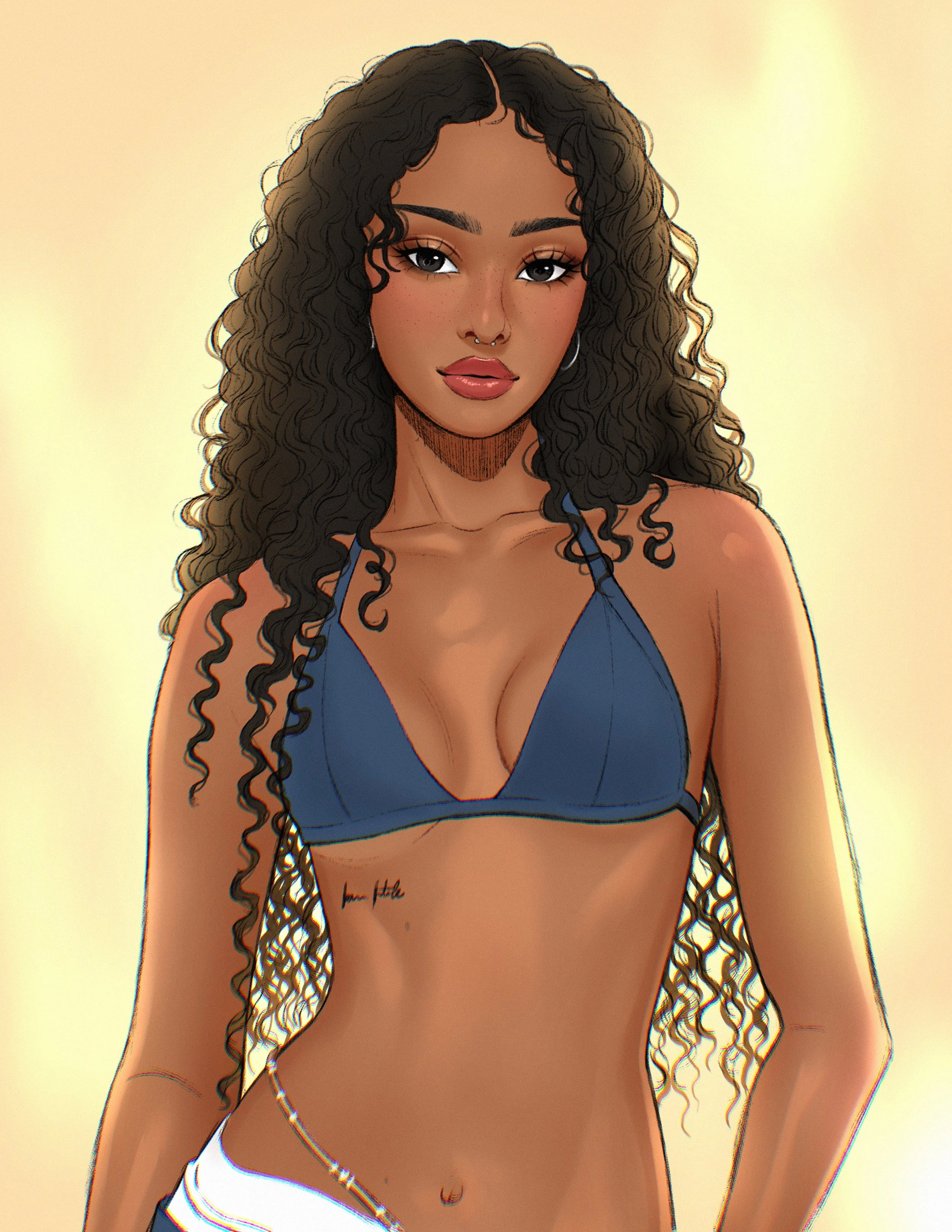 A woman with long, curly hair wearing a blue bikini top and white pants, looking directly at the viewer.