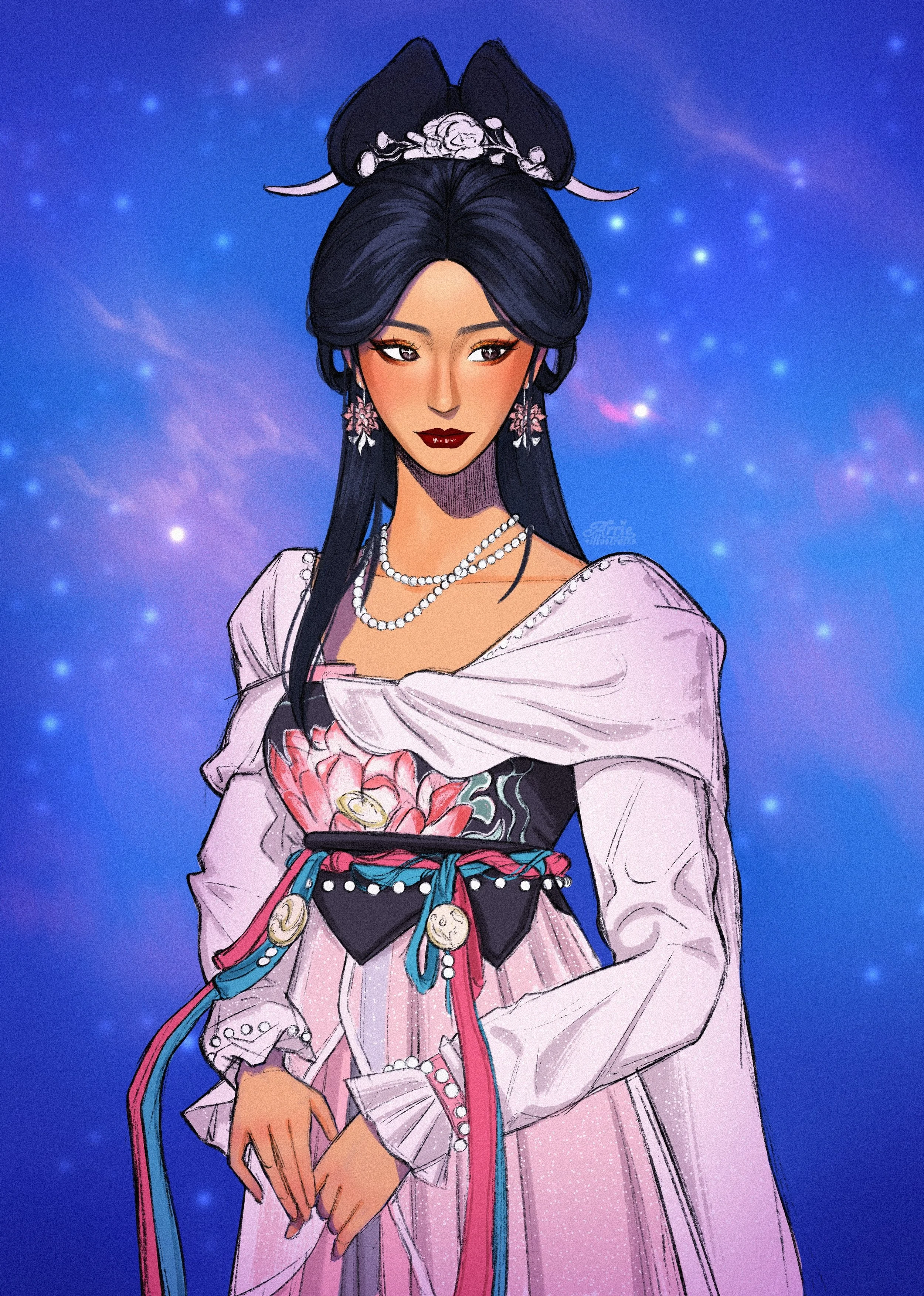 Illustration of a woman in traditional Asian attire with a pink and black dress, wearing pearl necklaces, earrings, and a floral headpiece, against a starry blue background.