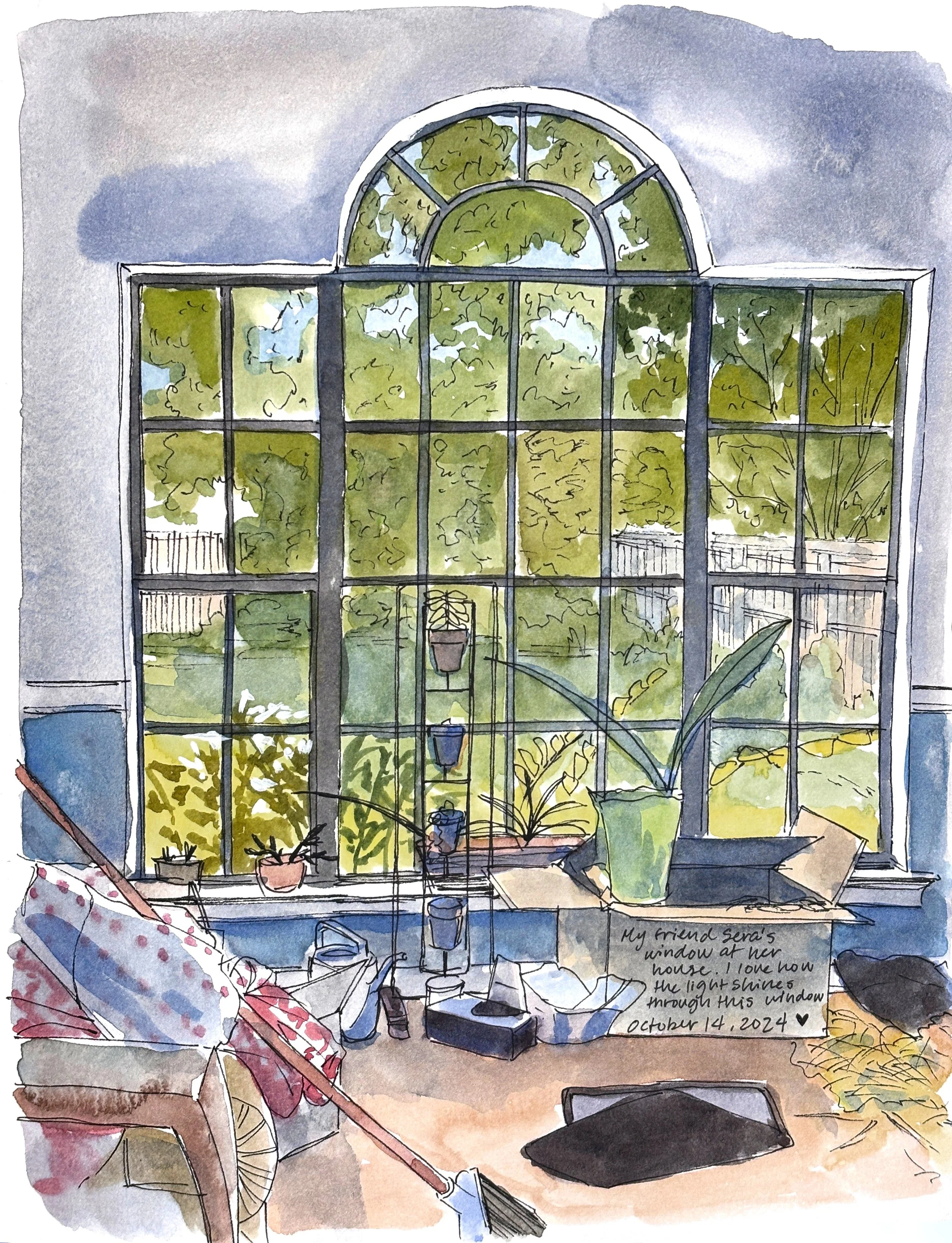Watercolor illustration of an indoor space by a large arched window with a garden view, showing potted plants, clutter, and a note about a friend's window.