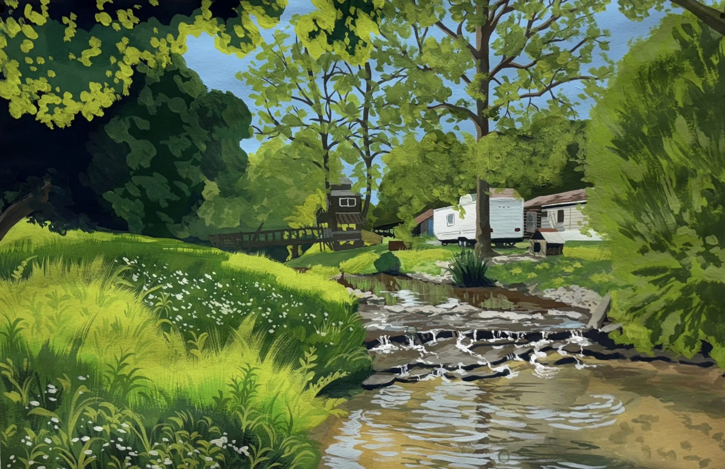 A lush green landscape with trees, a small stream, a white camper trailer, and a wooden bridge in the background.