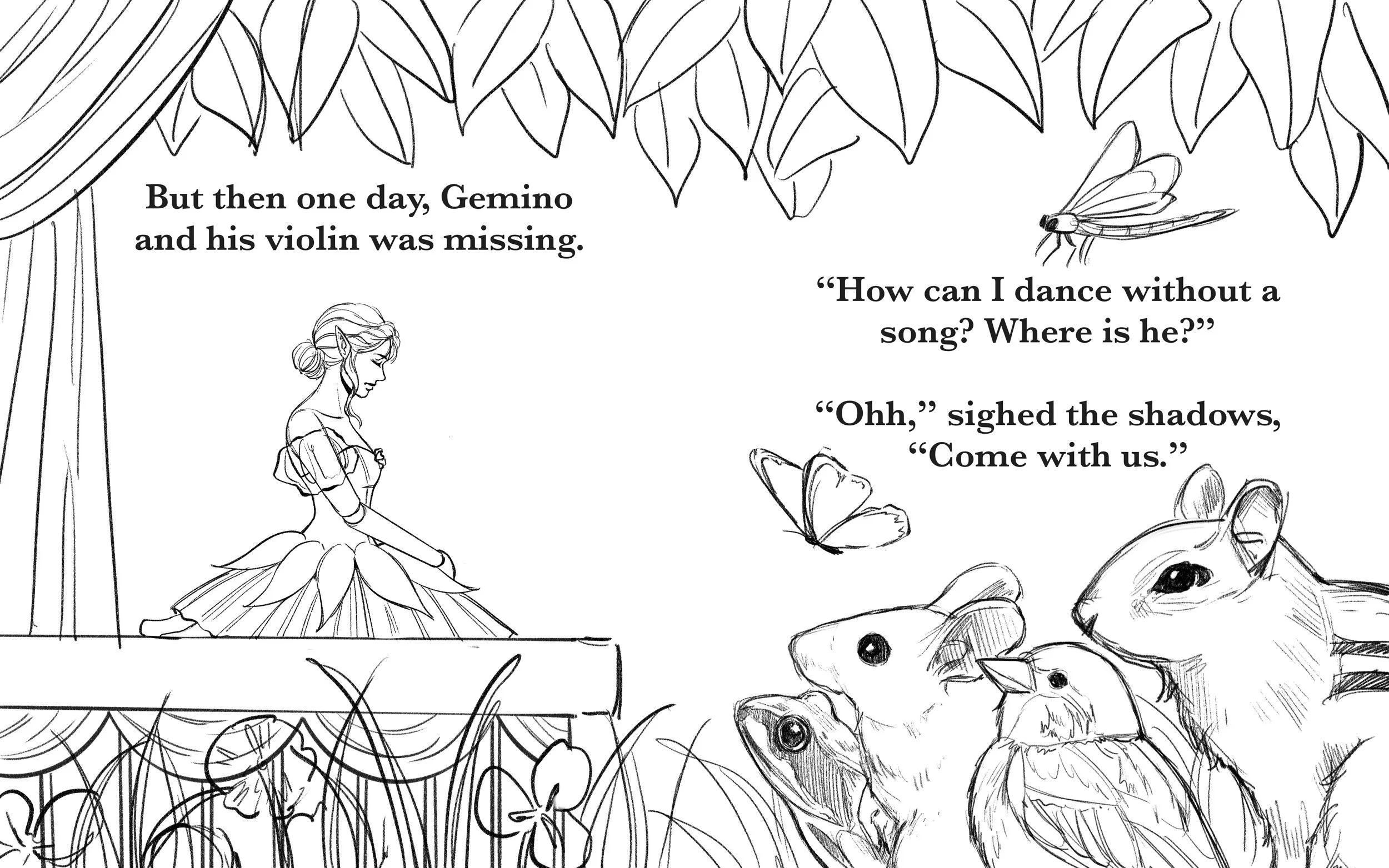 Black and white illustration of a fairy-tale scene with a fairy girl in a dress on an elevated stage, surrounded by leaves and curtains. To the right are a butterfly, a frog, a bird, and a mouse, with dialogue in text.