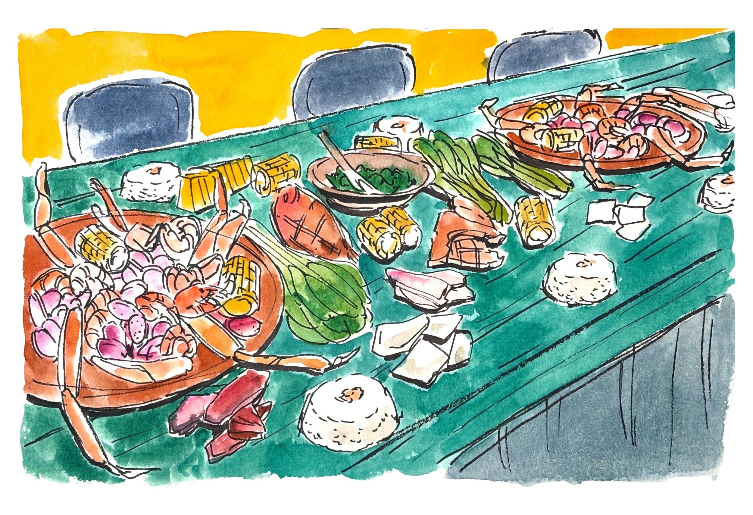Colorful watercolor illustration of a table filled with sushi, sashimi, and various seafood. The table has wrapped rice balls, crab, shrimp, cucumber, and fish, with a yellow background.