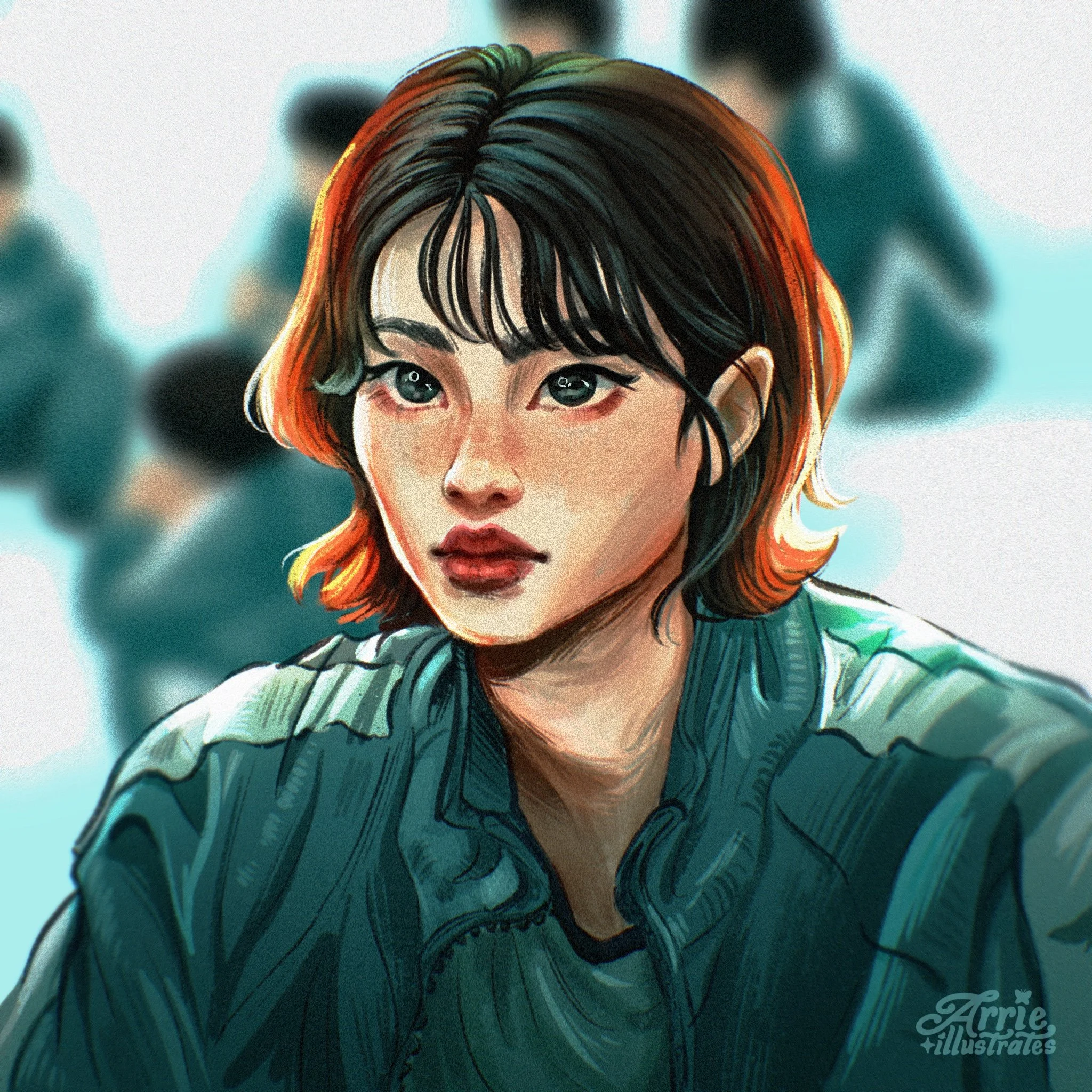 Illustration of a young woman with short, wavy black and reddish hair, wearing a dark jacket, with a blurred background of people.