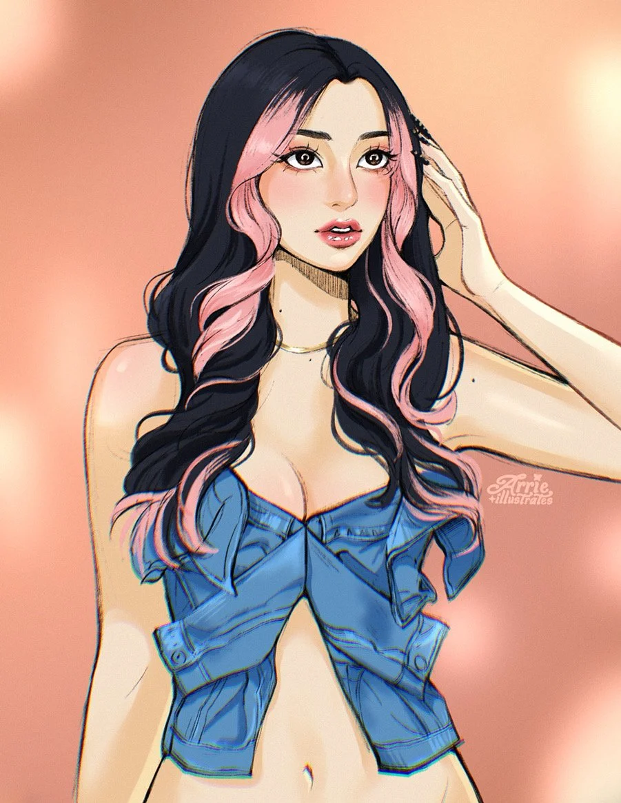 Digital illustration of a young woman with long black and pink hair, wearing a blue off-shoulder top and a choker, against a peach-colored background.