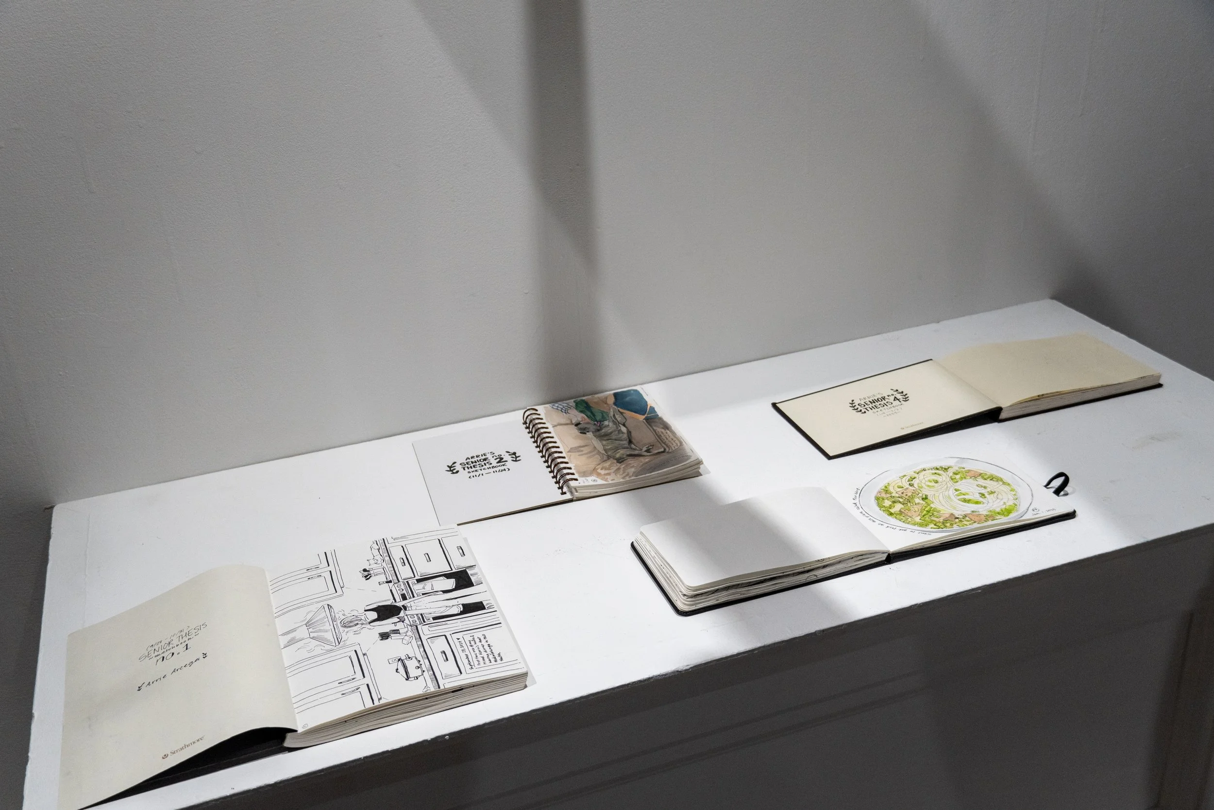 Open books, notebooks, and sketches displayed on a white tabletop in a well-lit room.