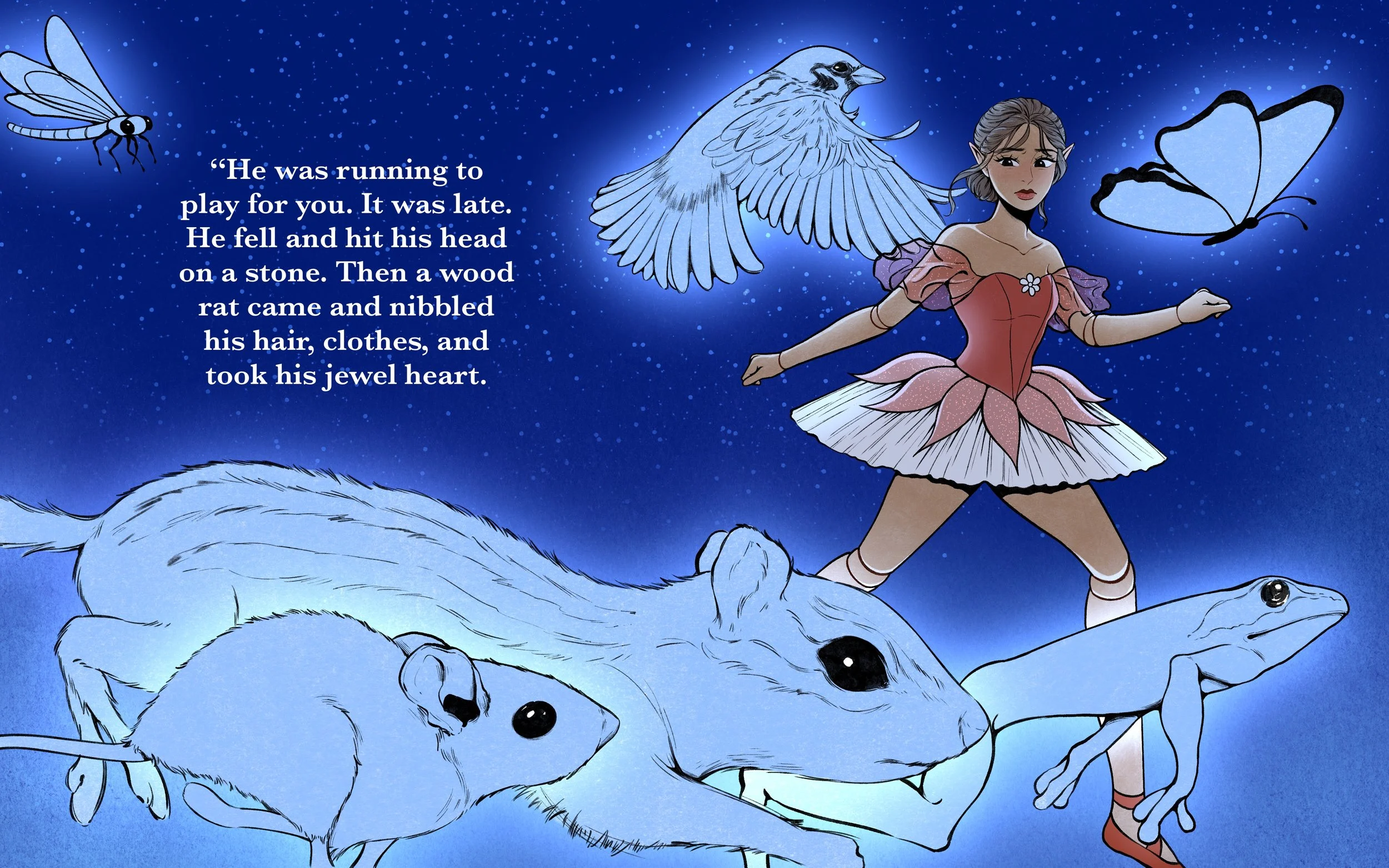 A fairy tale illustration with a girl in a flower fairy costume, a large white mouse, a small mouse, a bird, a butterfly, and a dragonfly against a starry blue background, with a story excerpt about a dog hitting his head and a mouse taking his heart.