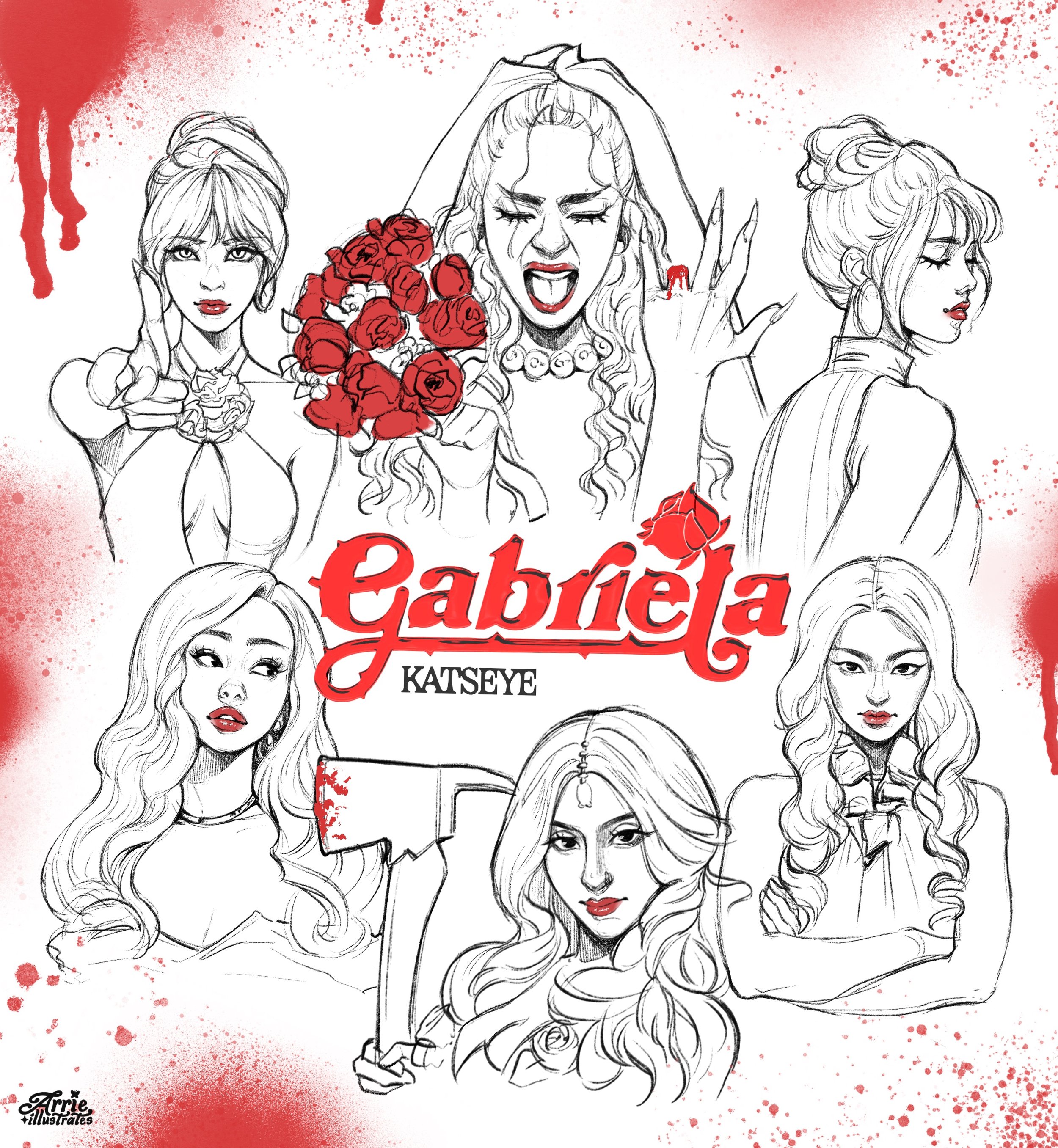 Illustration of six women with different expressions, with red roses and blood splatters, and the text 'Gabriela Katseye' in red, along with smaller text and a signature in the bottom left corner.