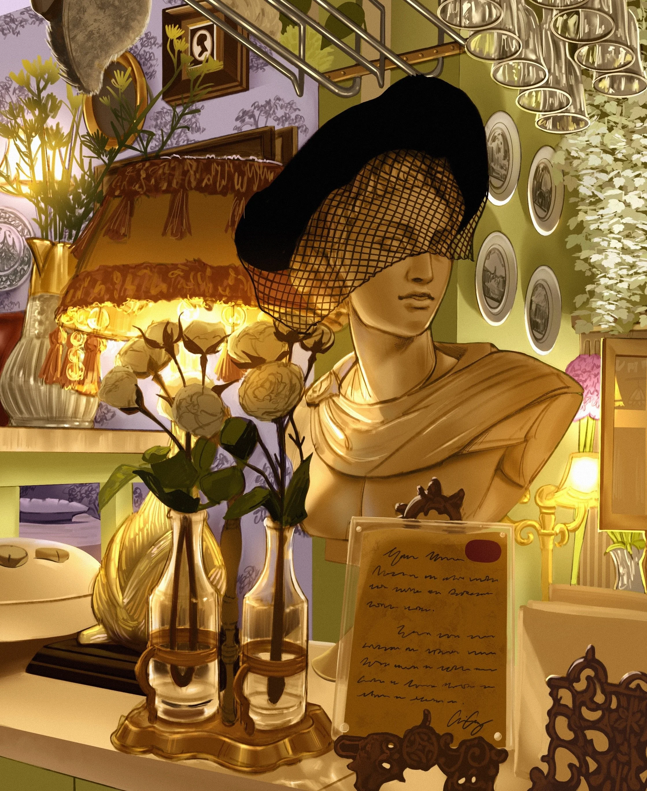 Decorative interior scene with a bust of a woman wearing a black hat with a net, various flowers in vases, wall plates, and framed pictures. Warm lighting creates a cozy atmosphere.