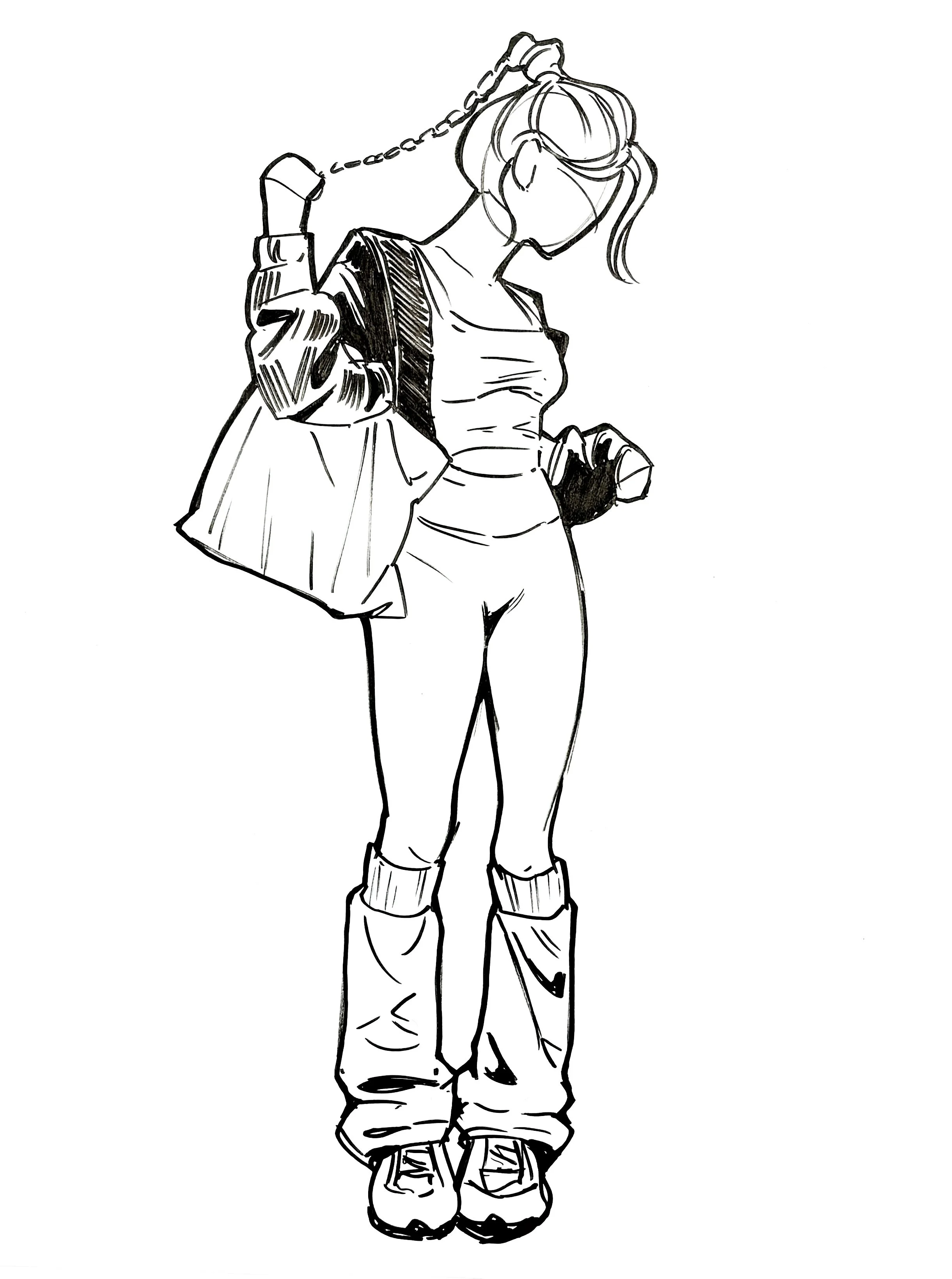 A black and white line drawing of a young woman with short hair, wearing sunglasses, a loose sweater, high-waisted pants, and boots. She is carrying a large bag on her shoulder and holding a camera in her hand. She appears to be standing with her hea