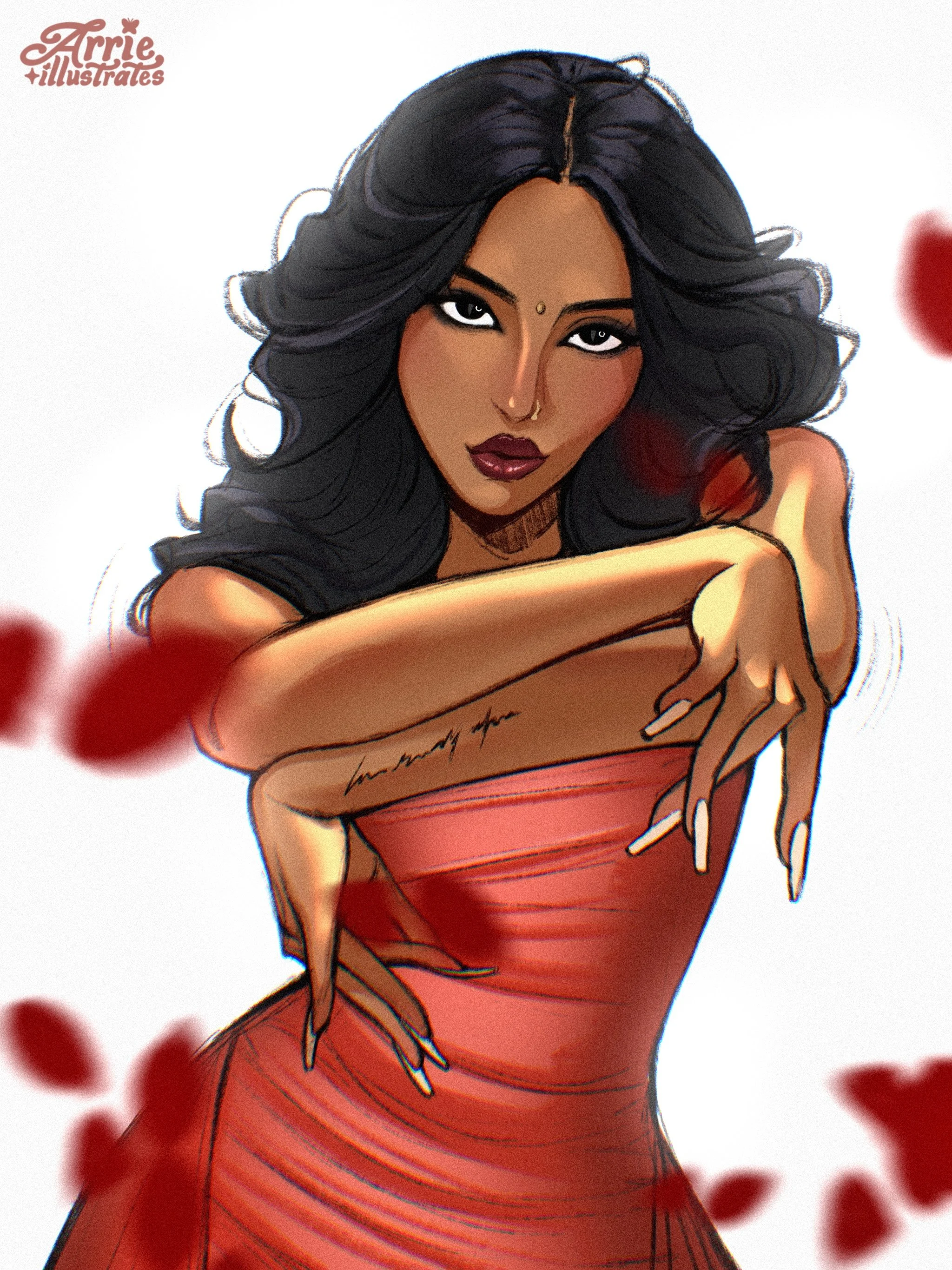 Digital illustration of a woman with dark, voluminous hair, makeup, and a traditional bindi on her forehead, wearing a strapless red dress, surrounded by scattered red rose petals.