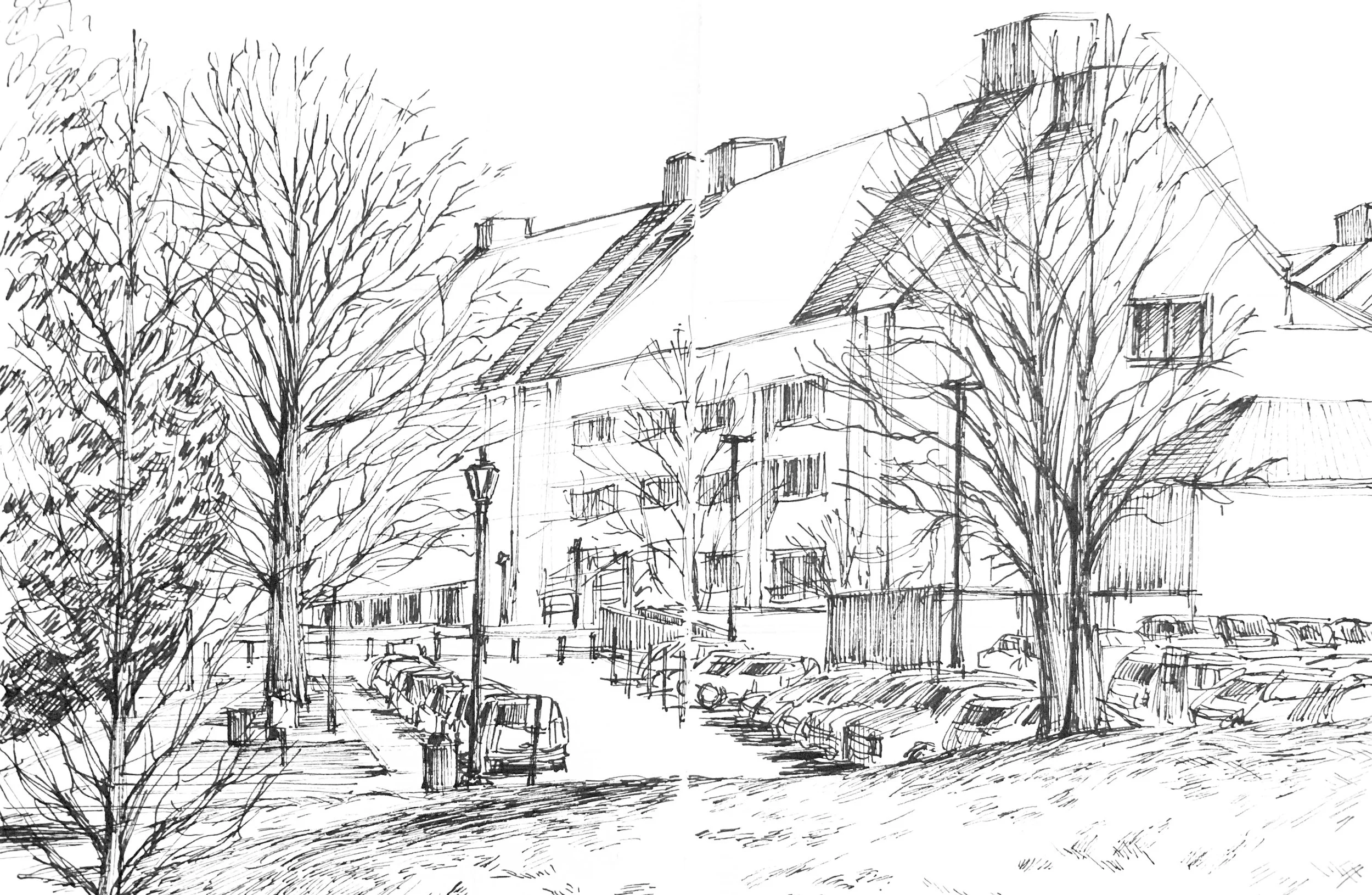 A sketch of a residential street with leafless trees, parked cars, a sidewalk, street lamps, and multi-story buildings with sloped roofs.