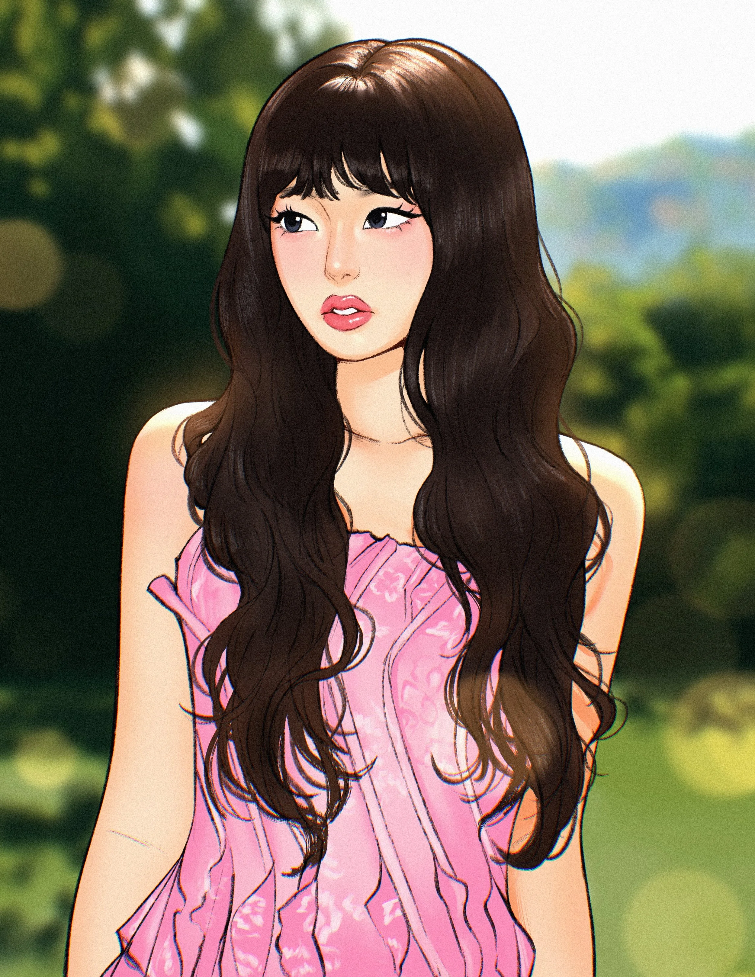 A digital illustration of a young woman with long wavy dark brown hair, wearing a pink dress with a floral pattern, standing outdoors with a blurred green background.