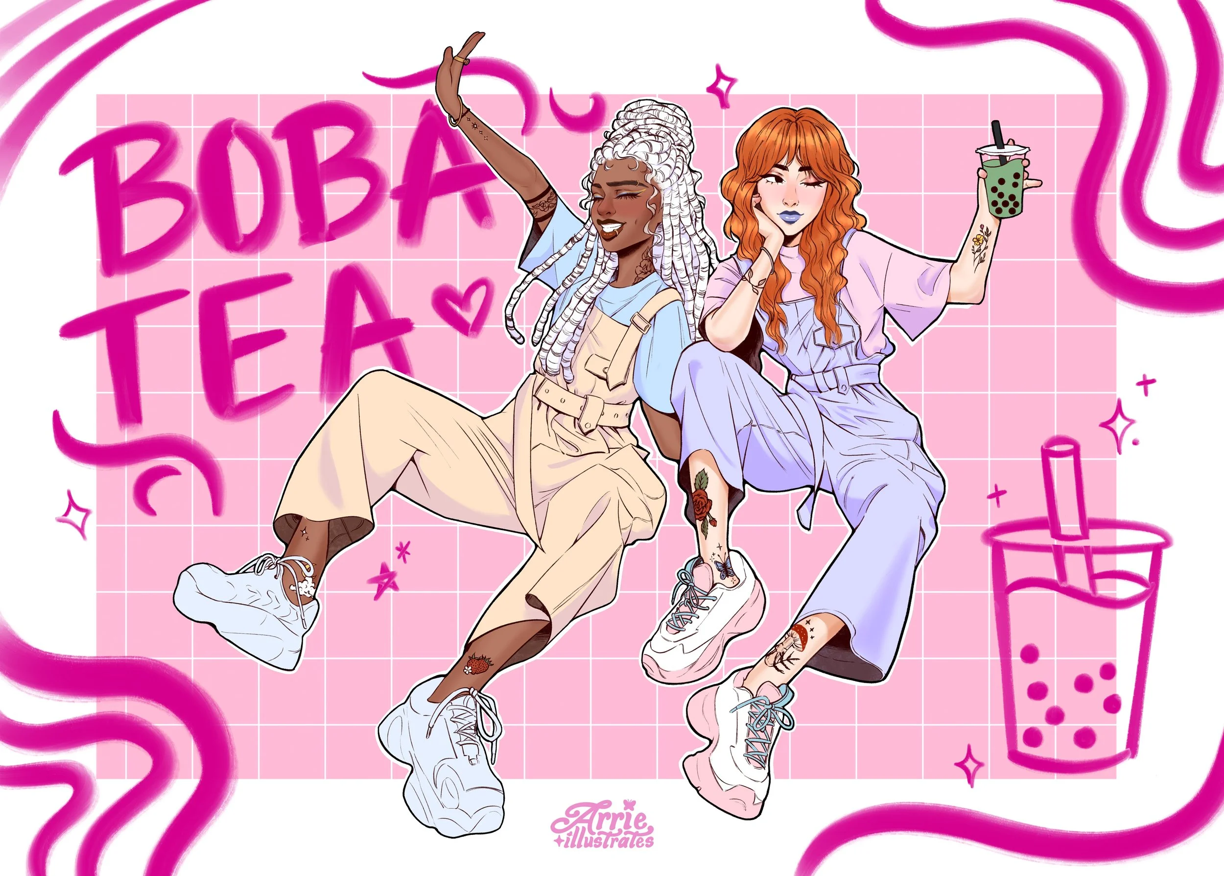 Two young women sitting on the ground amidst a pink grid background with neon pink writing that says "Boba Tea" and a drawing of a boba tea drink. The woman on the left has dark skin, long gray braided hair, and is wearing a light beige outfit with w