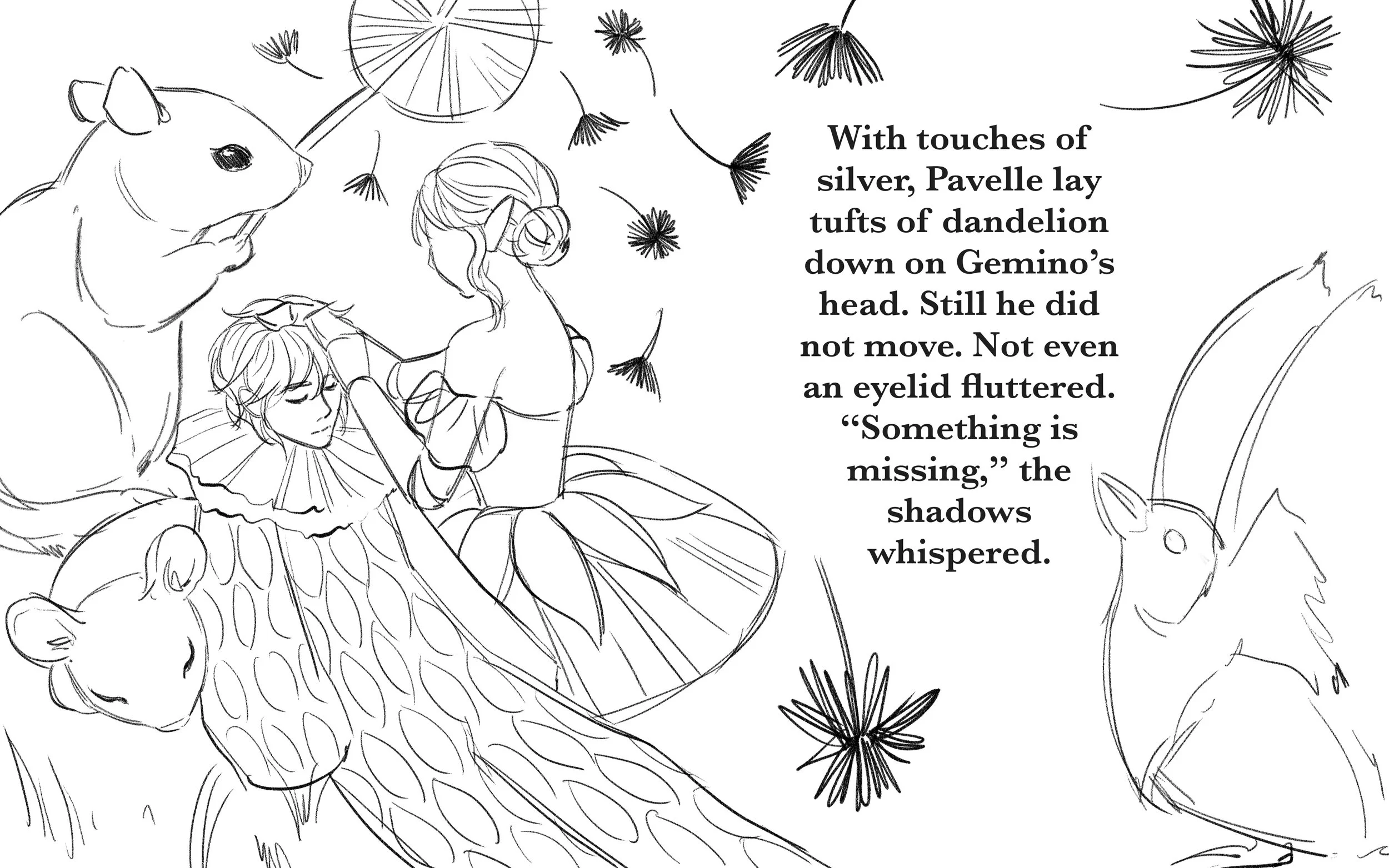 Line drawing of two elegant women in ballet costumes lying on the ground with a small animal, possibly a squirrel, and surrounded by dandelions and a dragonfly. There is a block of text describing the scene.