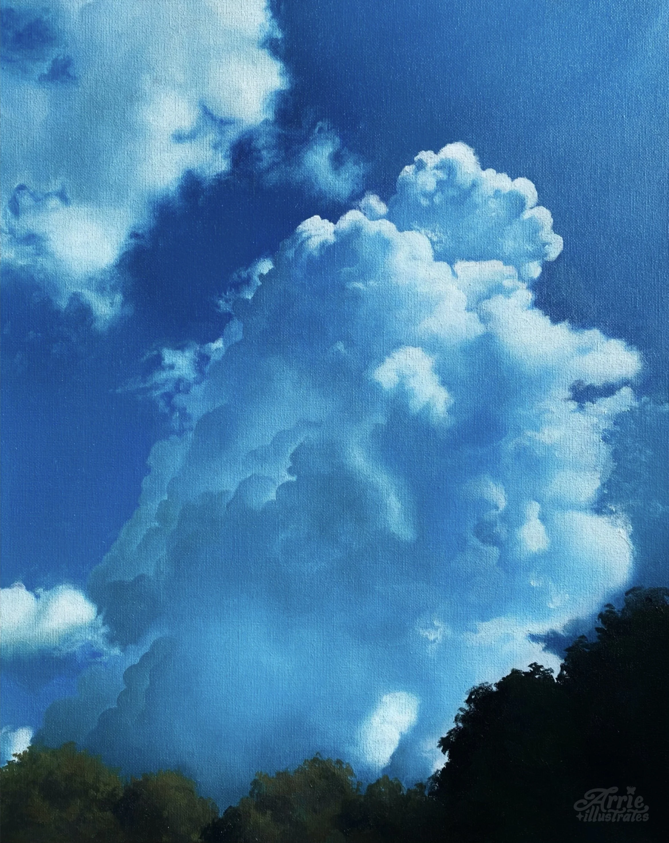 Painting of a bright blue sky with large, fluffy white clouds and some green treetops at the bottom.