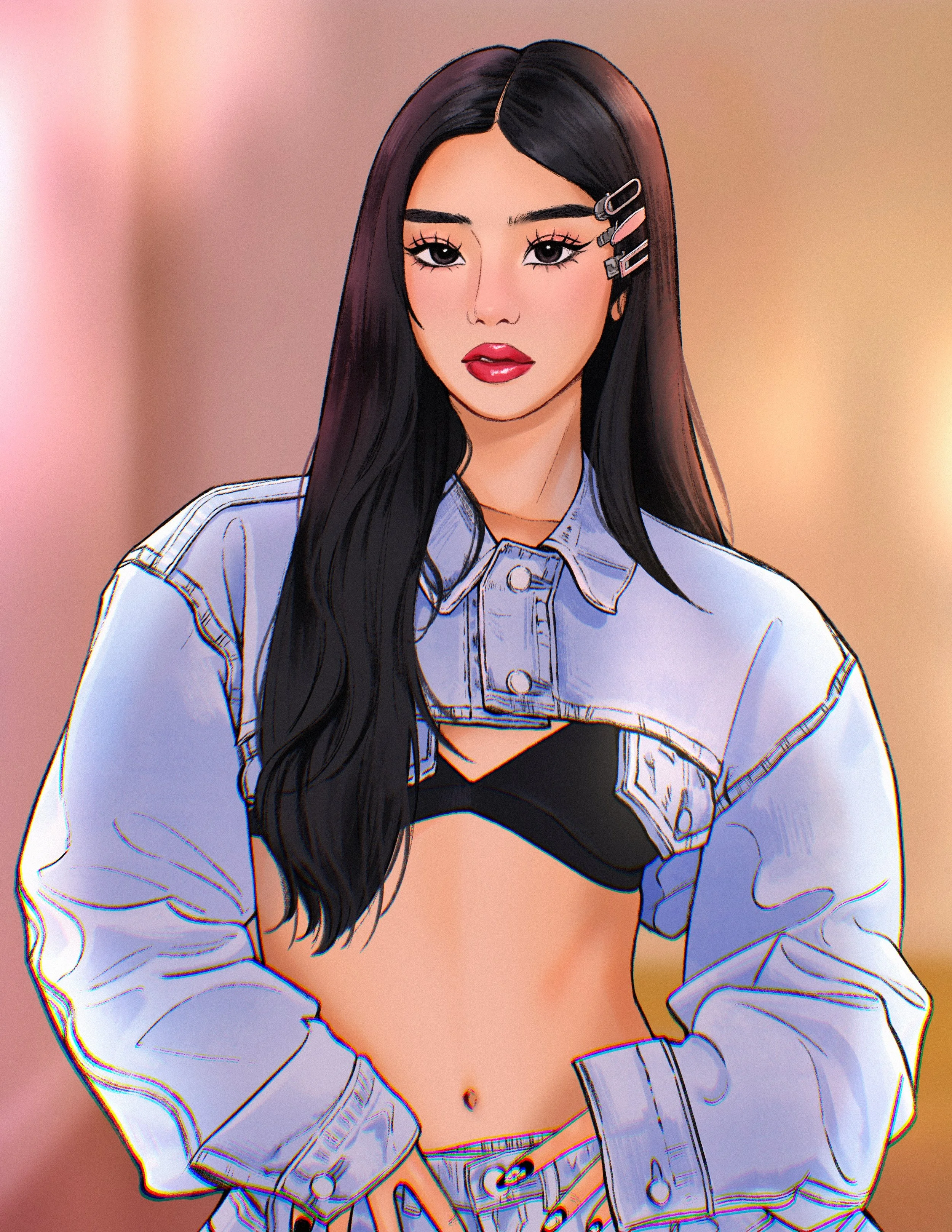 Digital drawing of a woman with long black hair, wearing a light blue denim jacket and a black bralette, standing against a blurred warm-toned background.