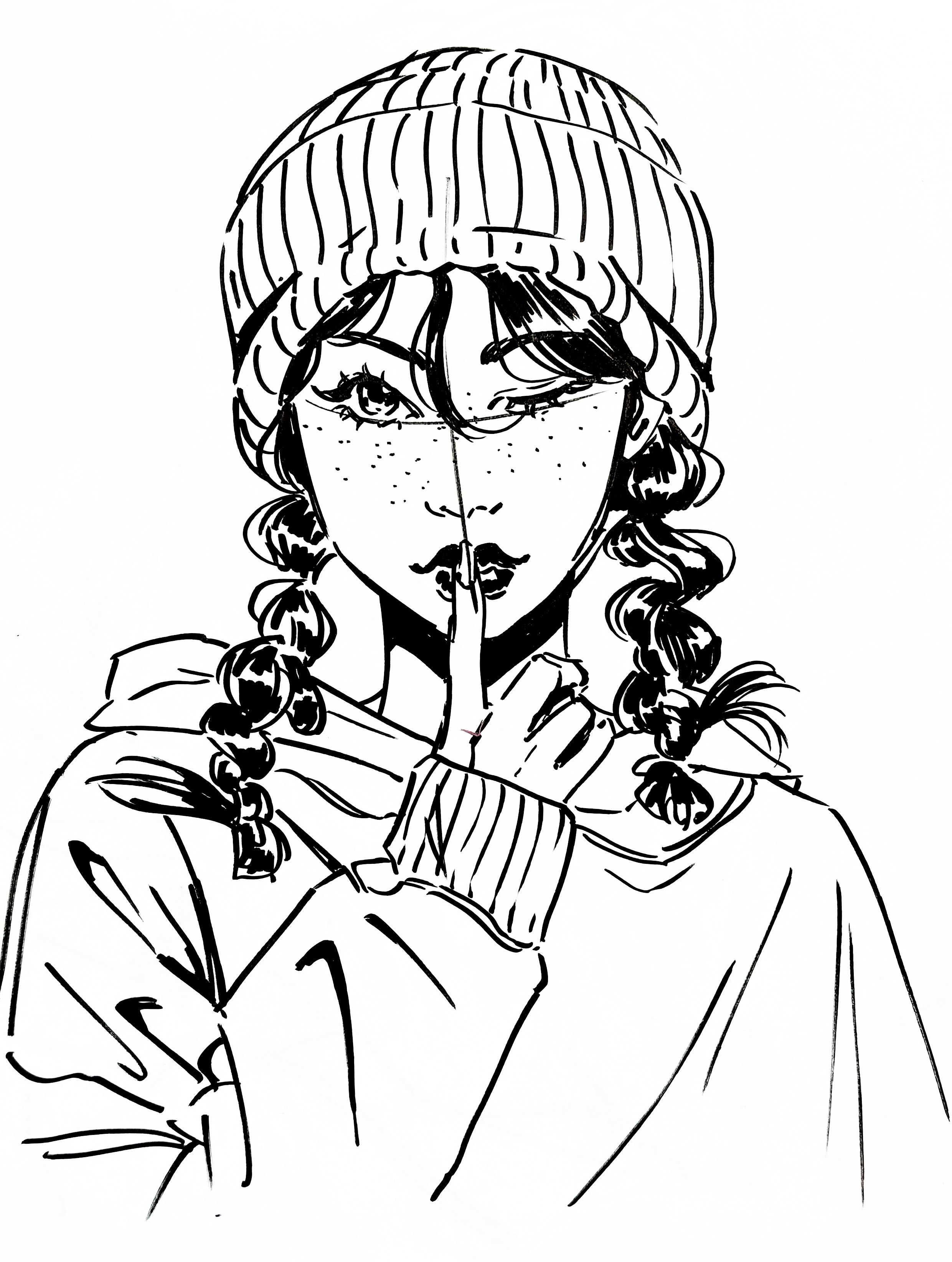 Black and white illustration of a girl with braided hair, wearing a beanie and hoodie, holding a finger to her lips in a shushing gesture.