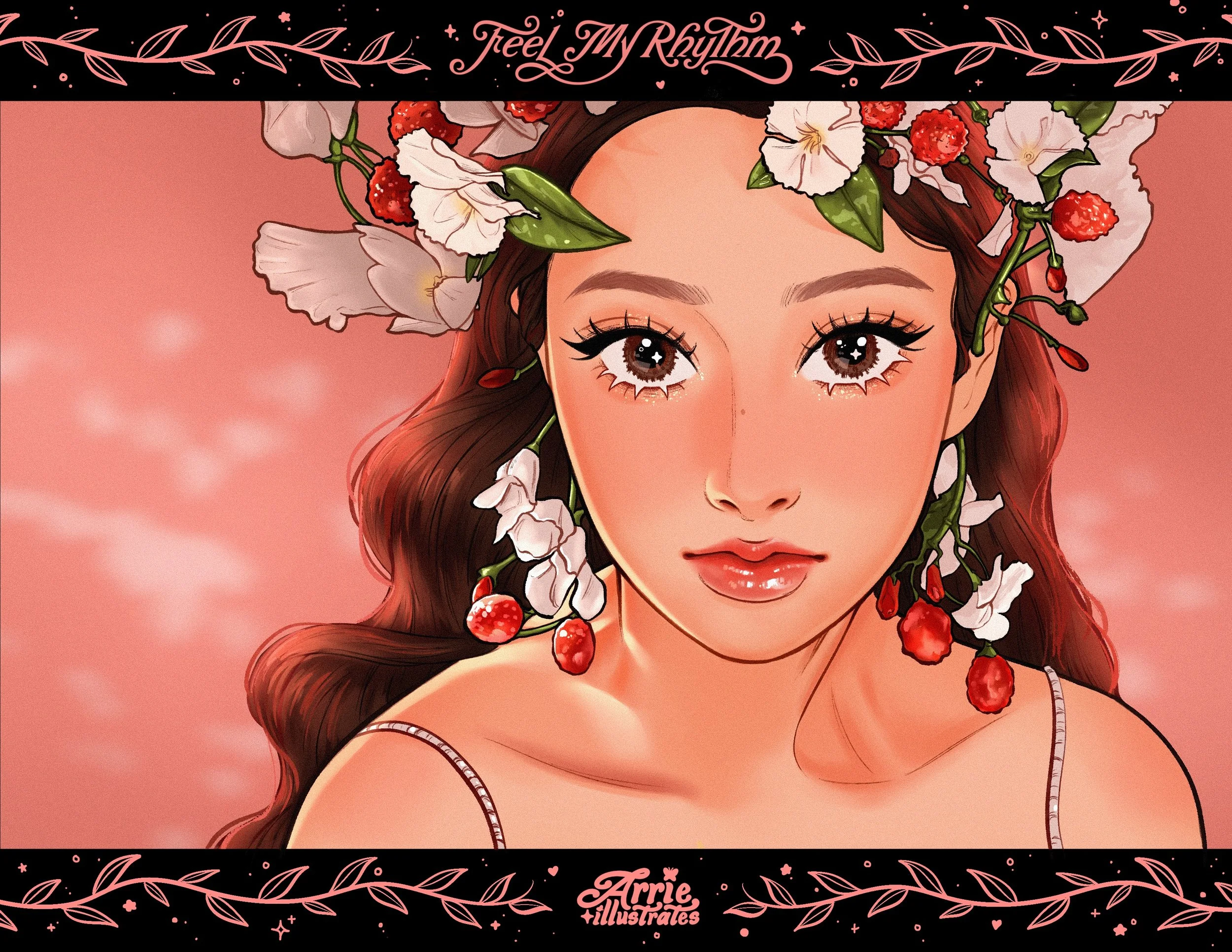 Digital illustration of a young woman with long brown hair, adorned with a crown of white and pink flowers and berries, against a pink cloudy background. She has bright eyes with bold eyeliner and glossy lips.