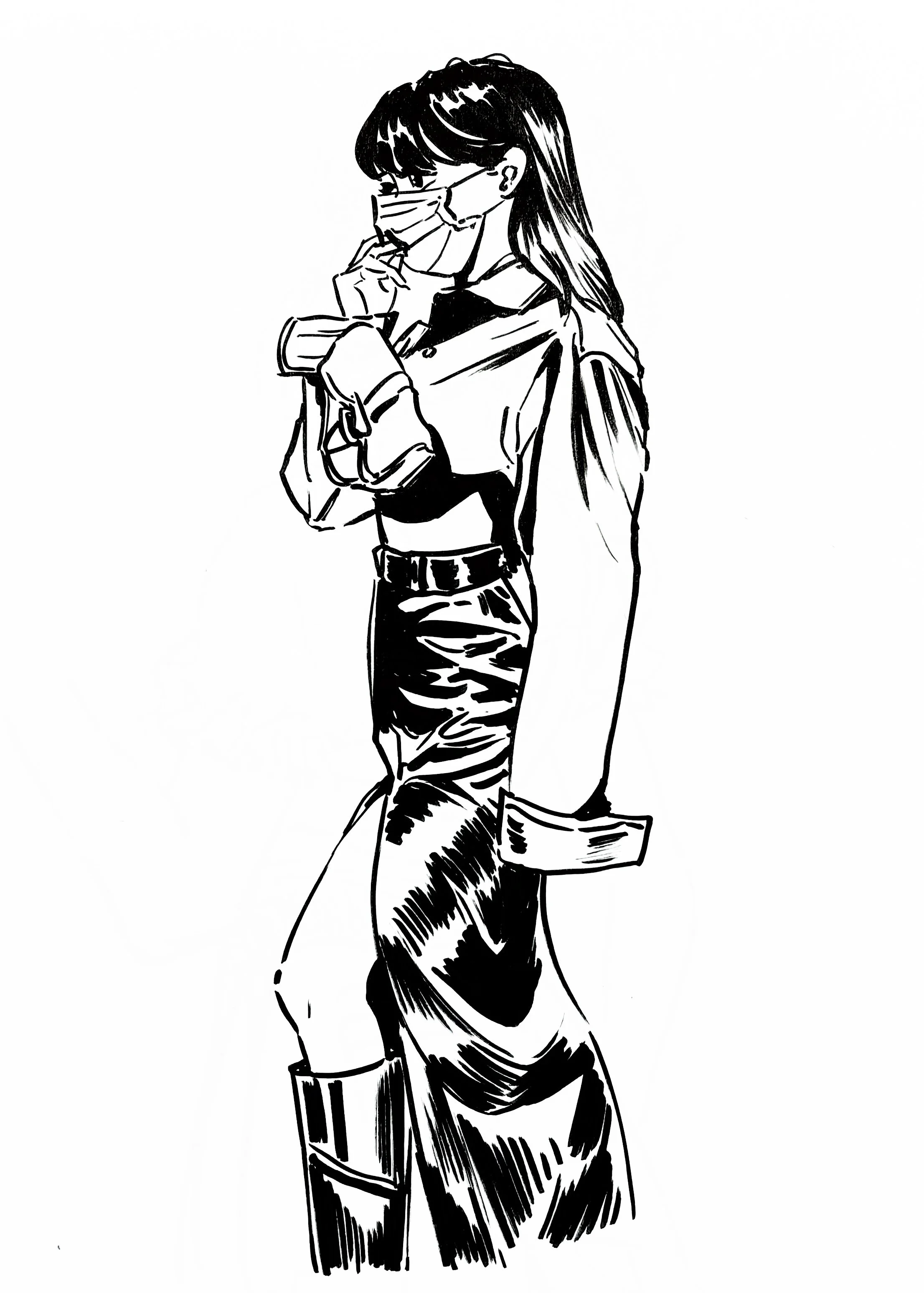Line drawing of a young woman wearing a face mask, a cropped jacket, high-waisted pants, and boots, standing with one hand near her face and the other holding a coat.