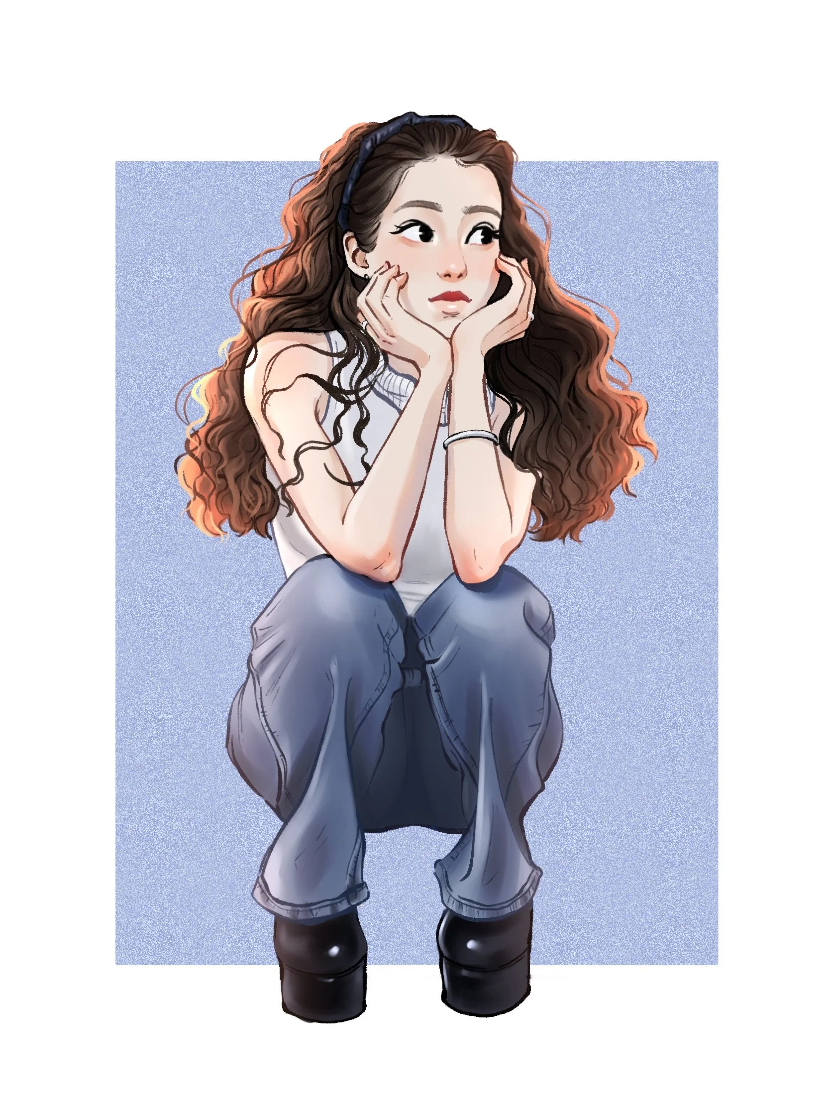 Digital illustration of a young woman with long, curly brown hair, wearing a headband, white sleeveless top, baggy jeans, and black boots, sitting with her hands on her cheeks and a thoughtful expression.