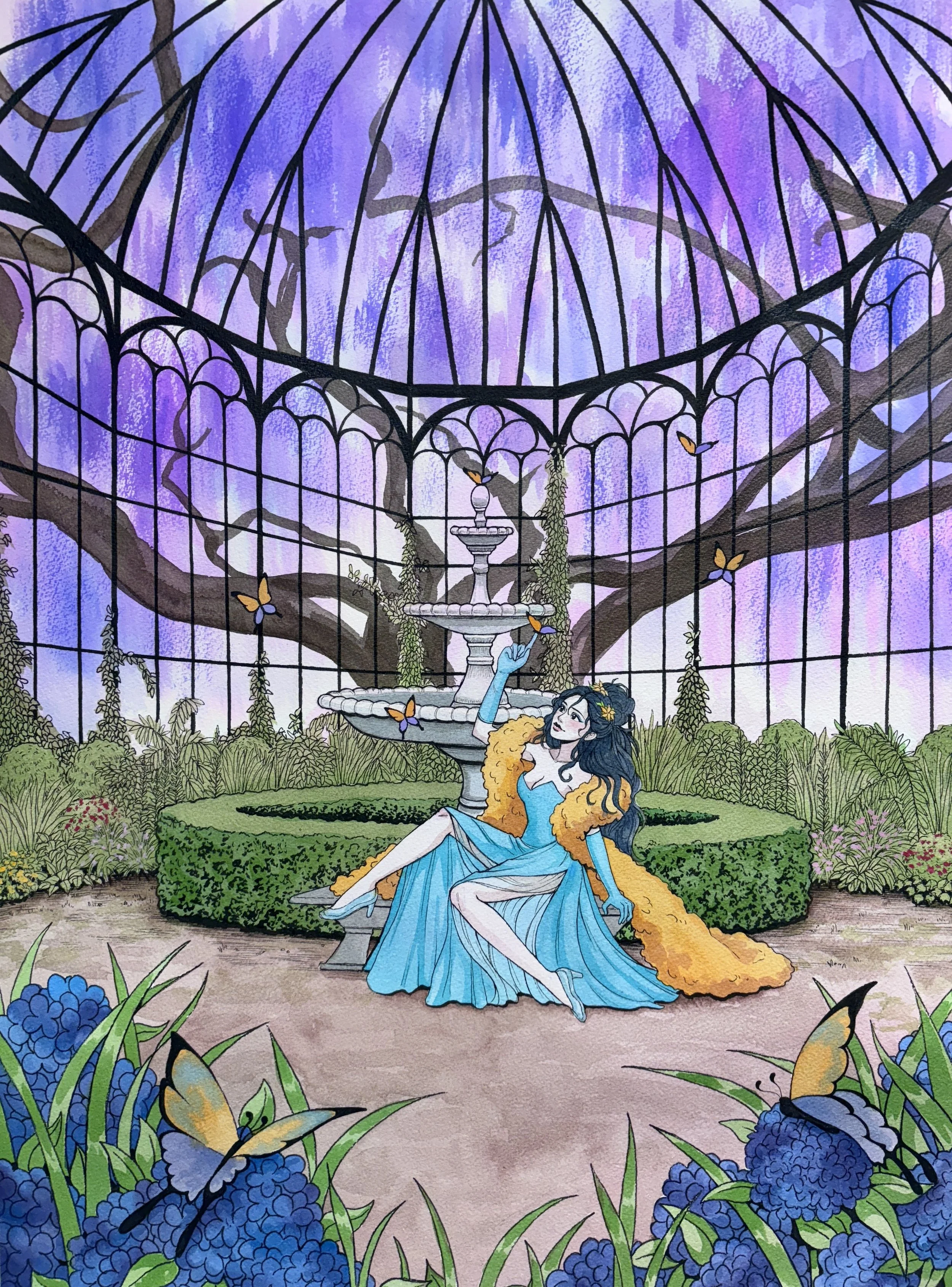 A fantasy-style illustration of a woman in a blue dress with a yellow fur coat, sitting in a glass-domed conservatory with purple trees and butterflies surrounding her.