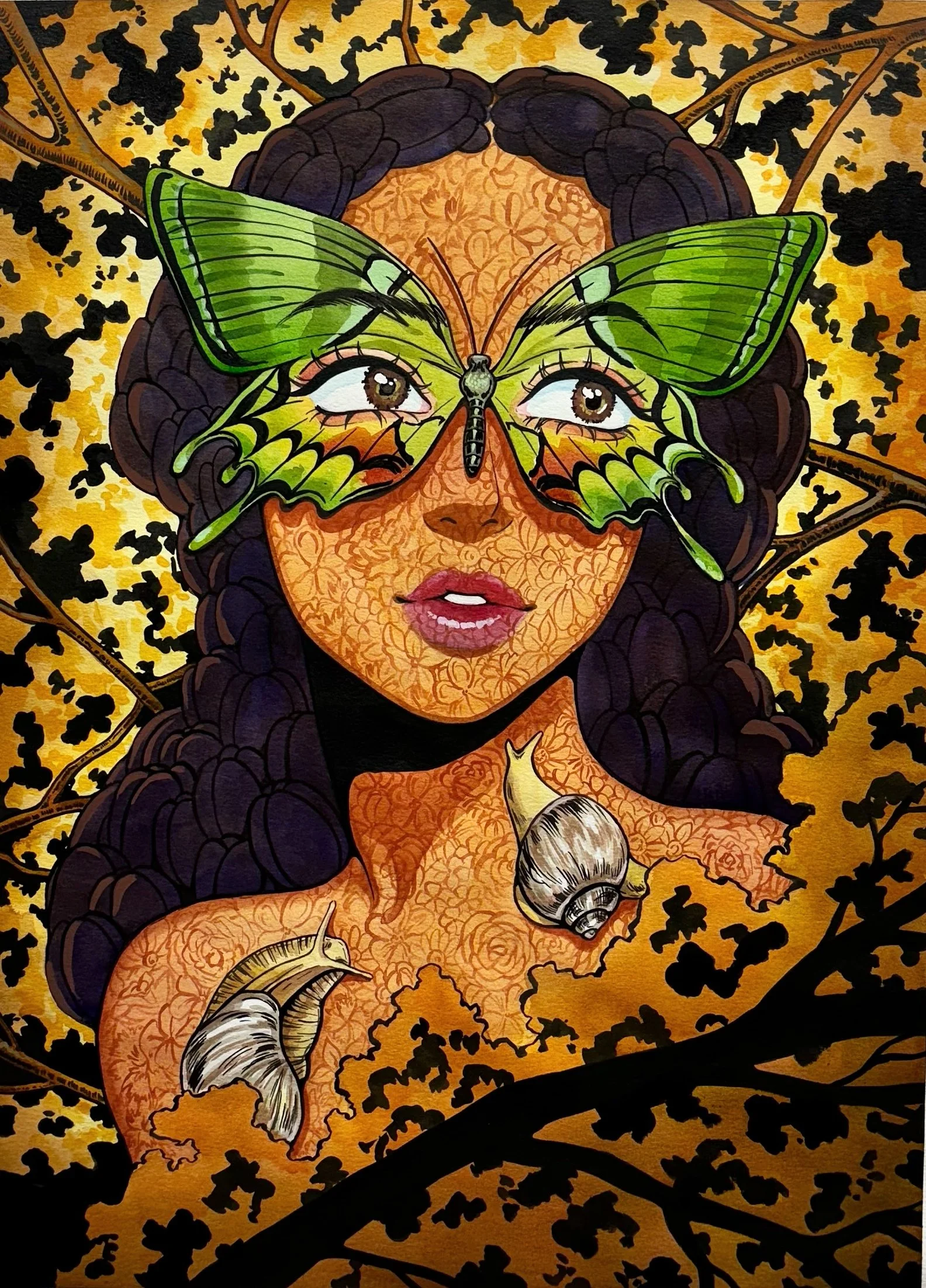 A digital illustration of a woman with dark, curly hair and a patterned face, with a large green butterfly covering her eyes, and shells on her shoulder, set against a background of black and gold floral patterns.