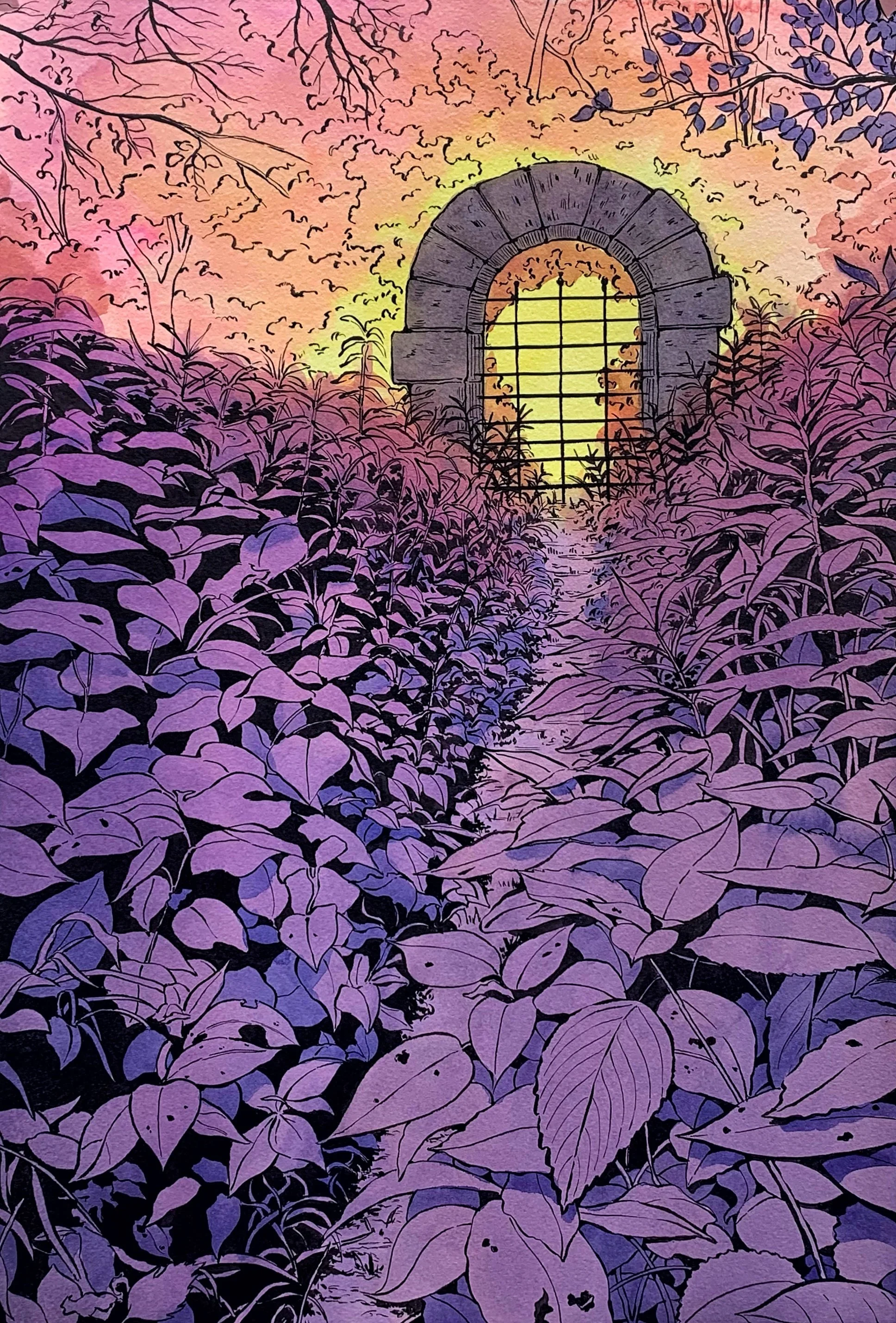 A colorful, artistic illustration of a garden pathway leading to an arched stone doorway with a metal gate, surrounded by dense purple and pink foliage, with a sunset sky in the background.