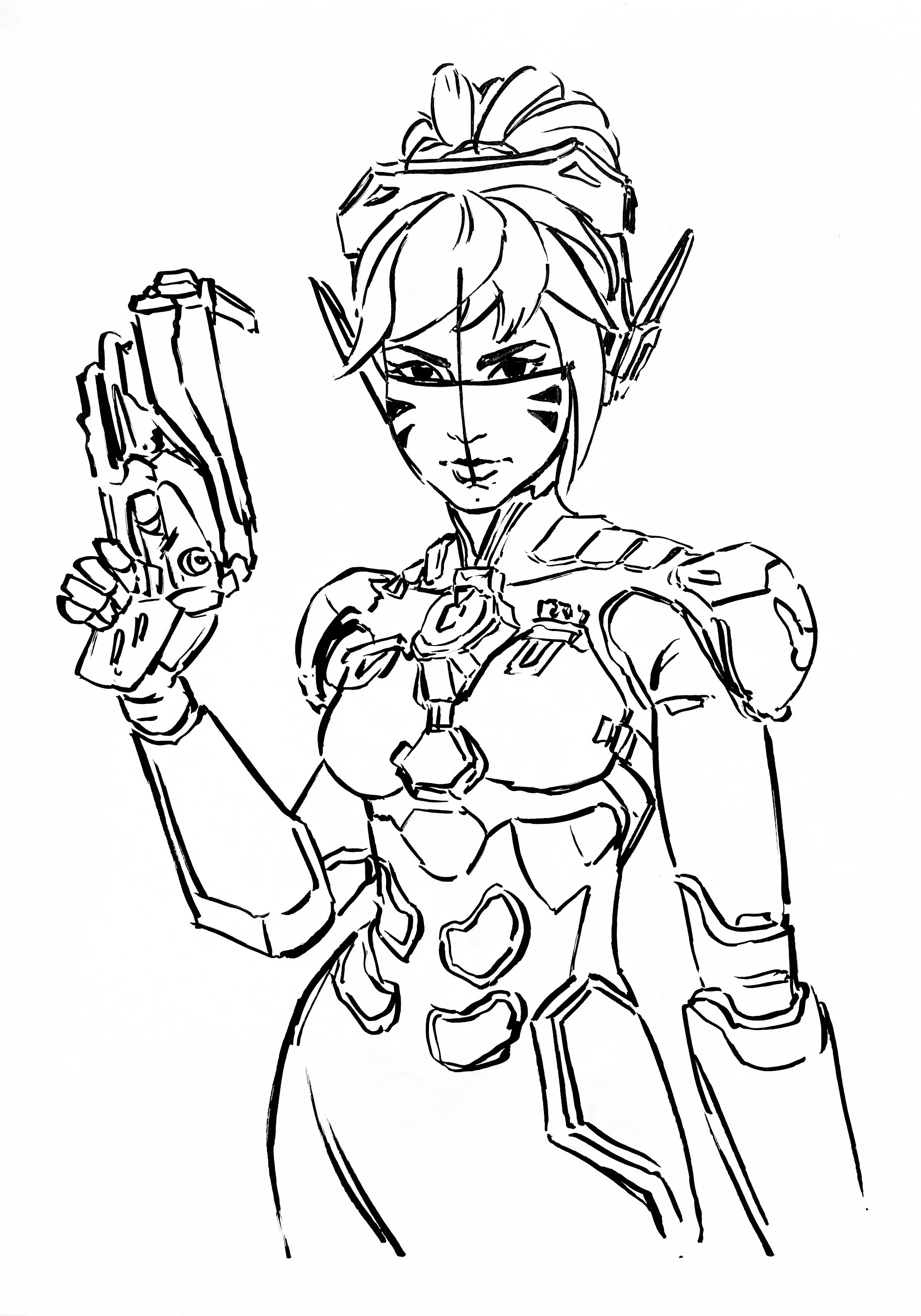 Black and white line drawing of a female video game character with short hair, wearing futuristic armor and holding a gun.