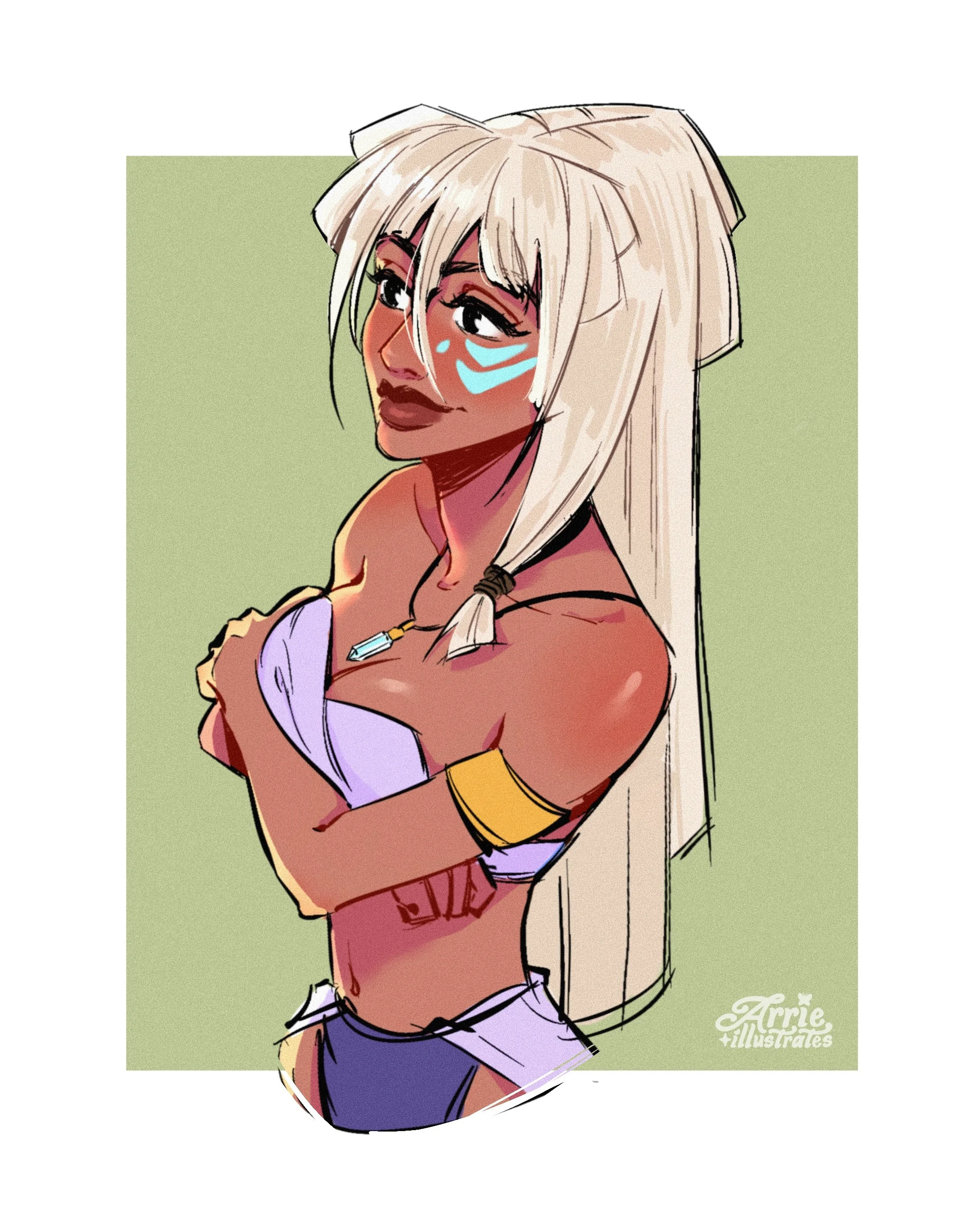 Digital illustration of a confident woman with long white hair, tribal face paint, and jewelry, standing with crossed arms against a plain green background.