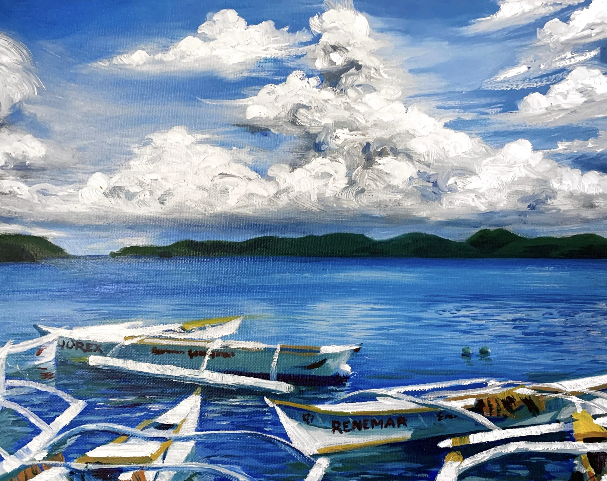 Oil painting of a lake scene with several boats in the foreground, floating on calm blue water. In the background, there are green hills under a partly cloudy sky with large, white, fluffy clouds.